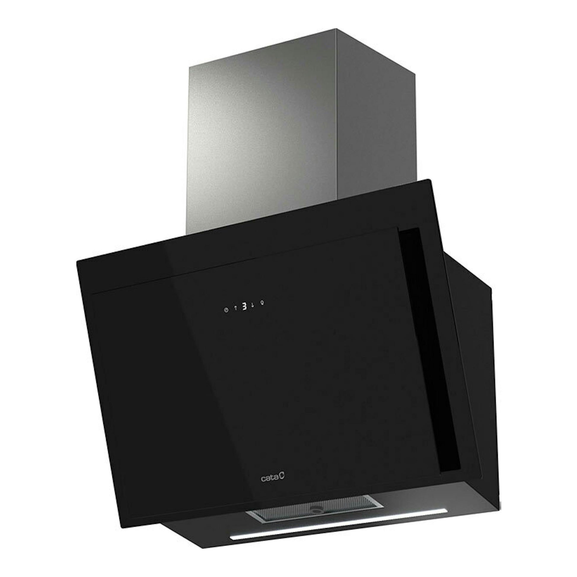 Campana decorativa Cata Thalassa Pro 700 GBK negra, vista frontal inclinada con chimenea inox.