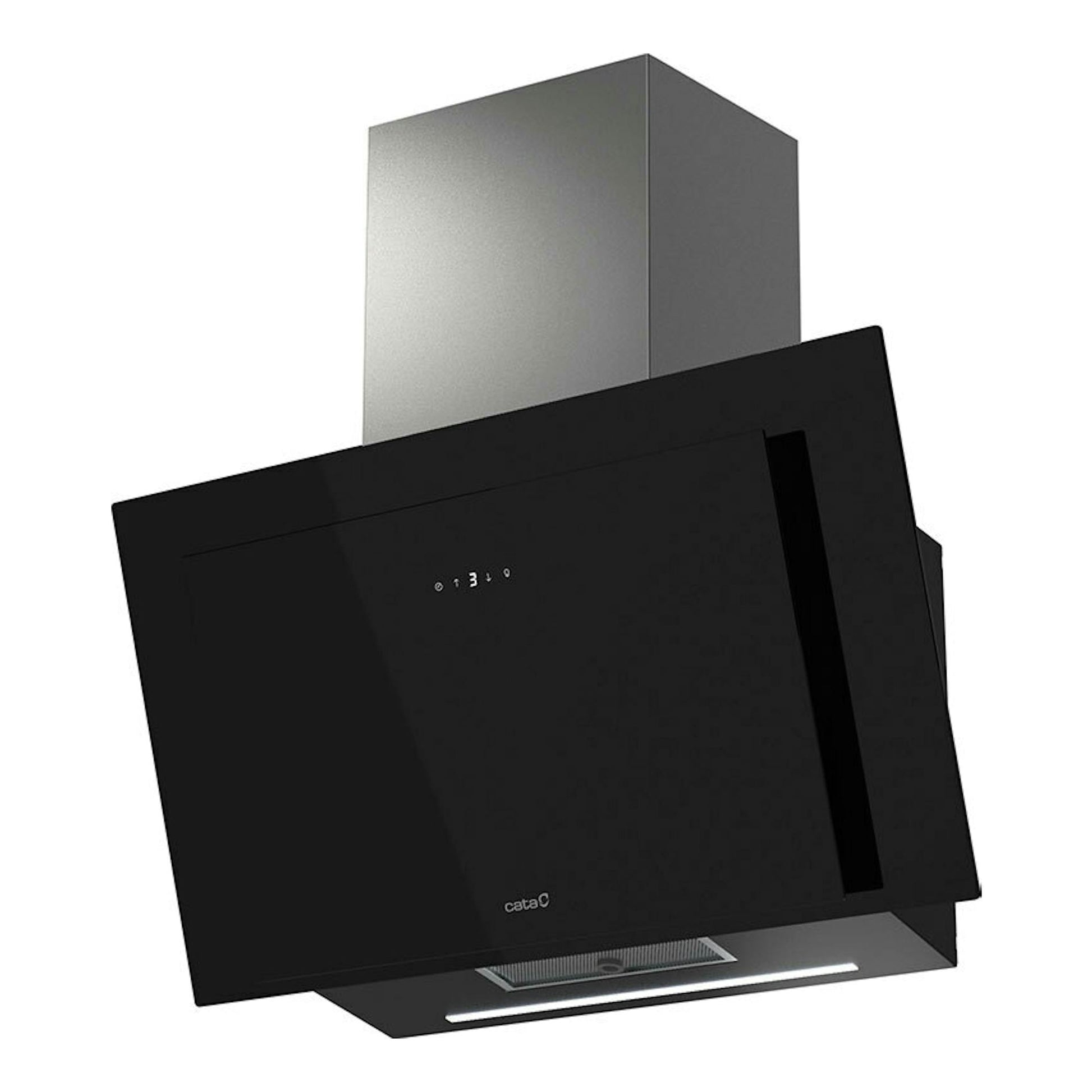 Campana extractora Cata Thalassa Pro 800 GBK, vista frontal en ángulo, cristal negro con chimenea inox.