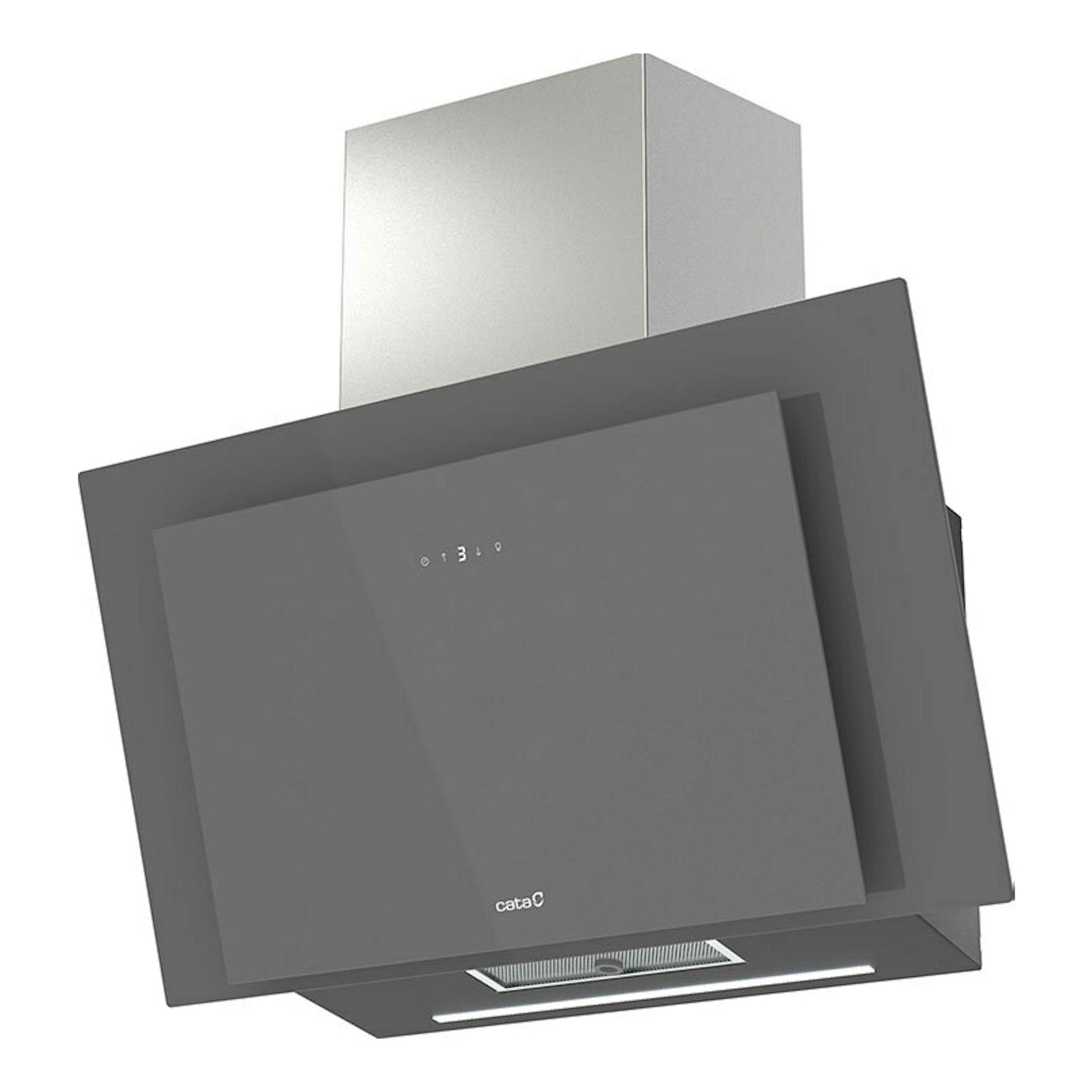Campana extractora Cata Thalassa Pro 800 GGR de cristal gris, vista frontal inclinada.