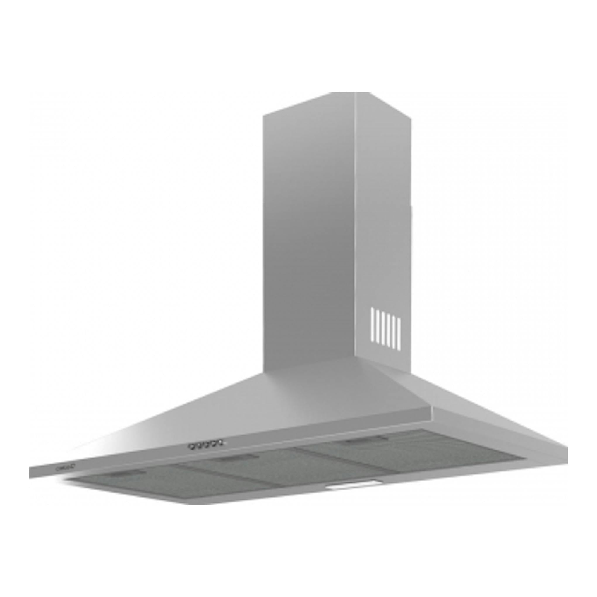 Campana decorativa Cata V-6000 X en inox, vista frontal en ángulo, con chimenea vertical.