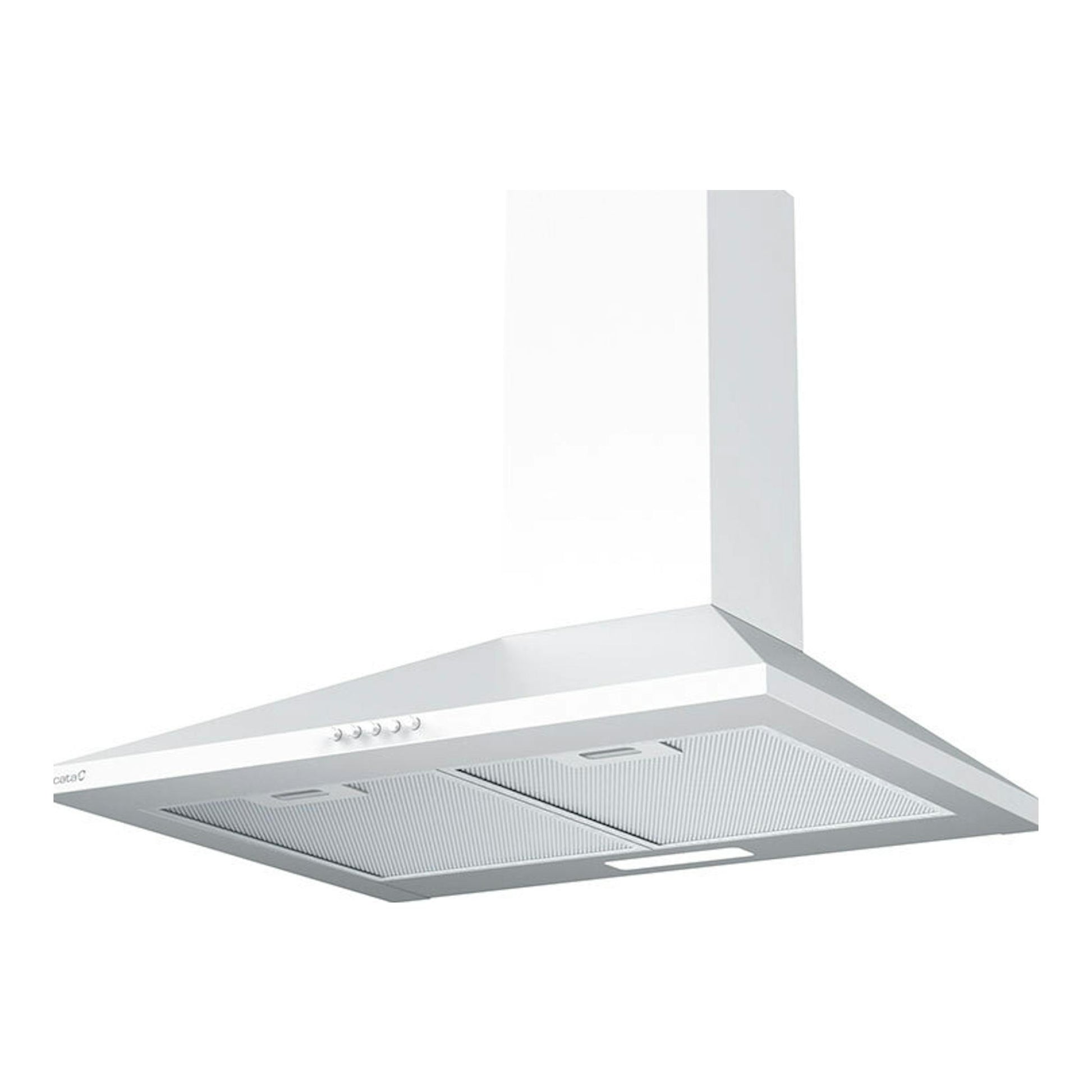 Campana decorativa Cata VK6000WH blanca, vista en ángulo inferior, con chimenea vertical de 60 cm.