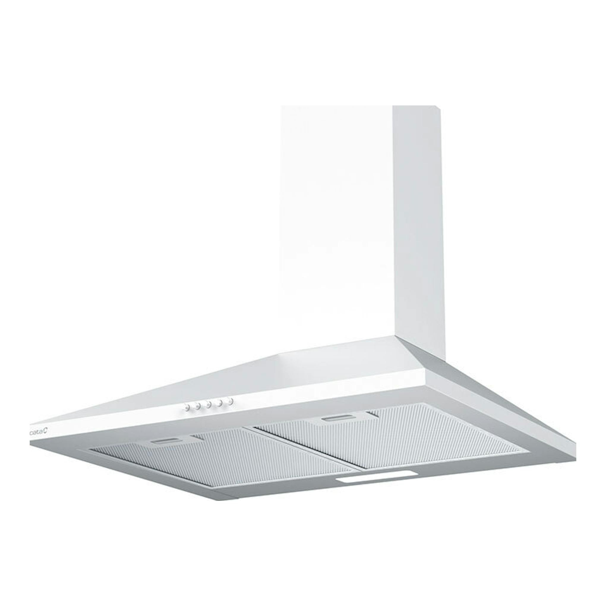 Campana decorativa Cata VK6000WH blanca, vista en ángulo inferior, con chimenea vertical de 60 cm.