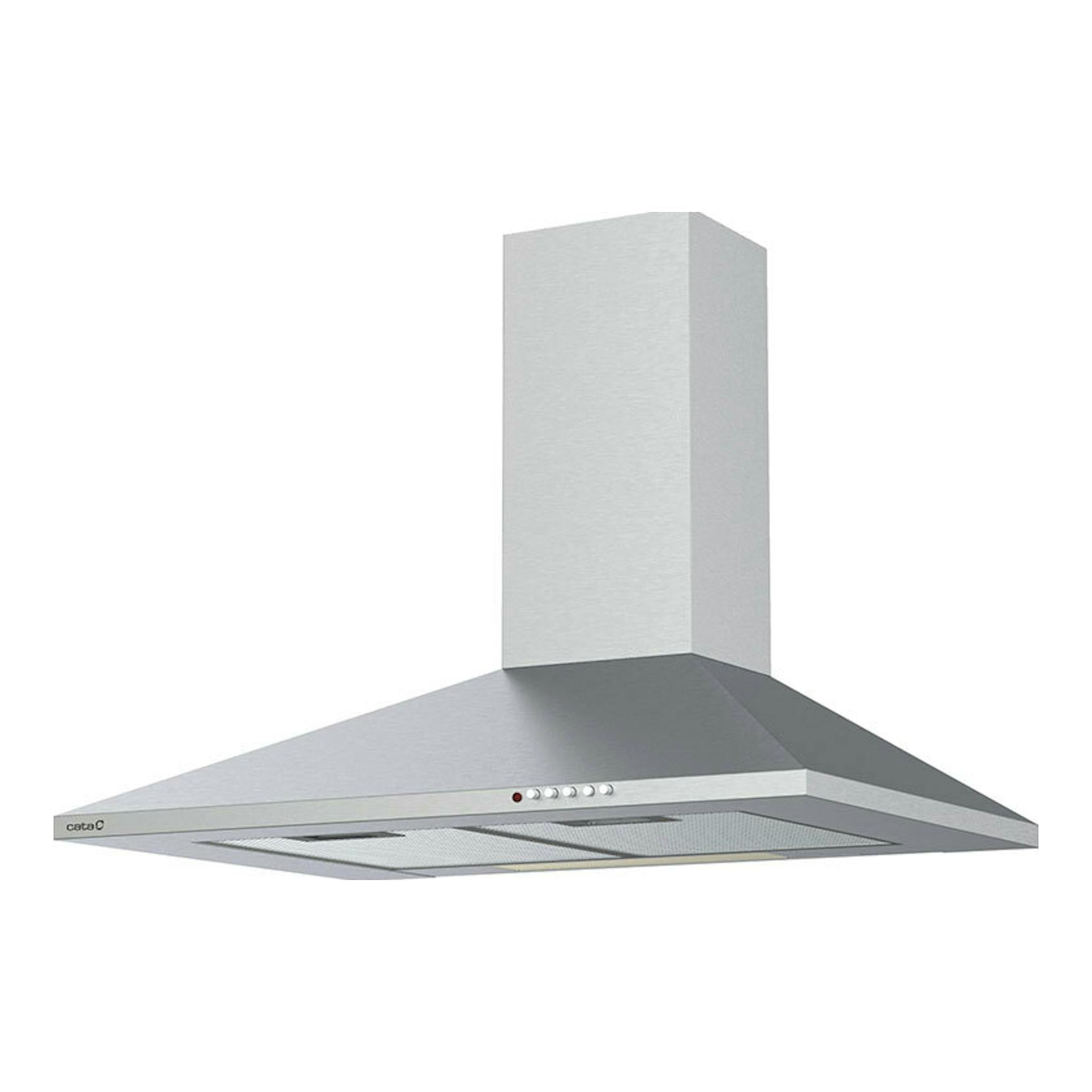 Campana decorativa Cata VK6000X inox, vista frontal en ángulo, con chimenea y panel inferior metálicos.
