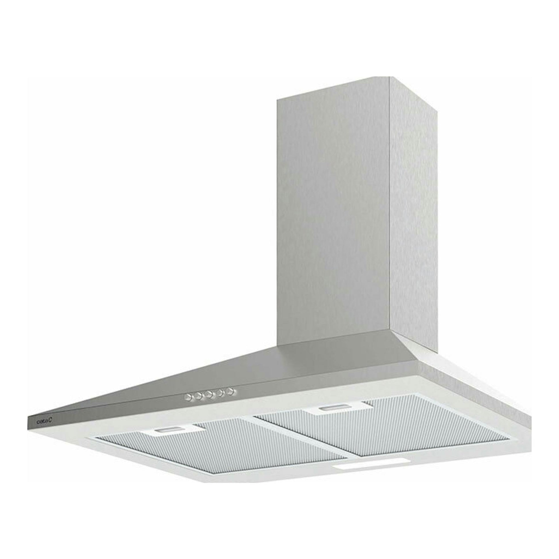 Campana decorativa Cata VK7000X inox, vista en perspectiva inferior y frontal, con chimenea rectangular.