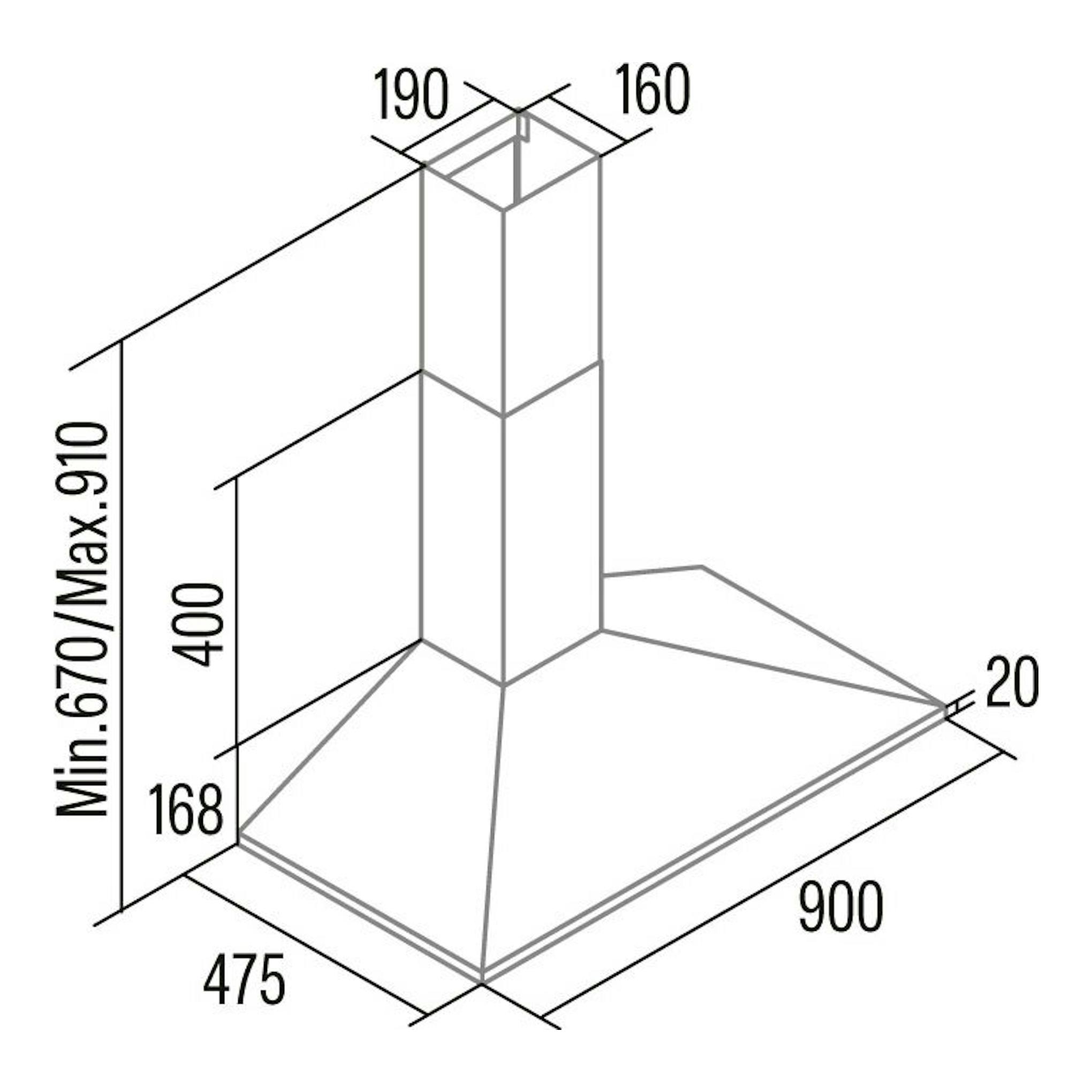Cata VK9000X: campana decorativa inox, vista isométrica con medidas 900x475 mm y conducto vertical.