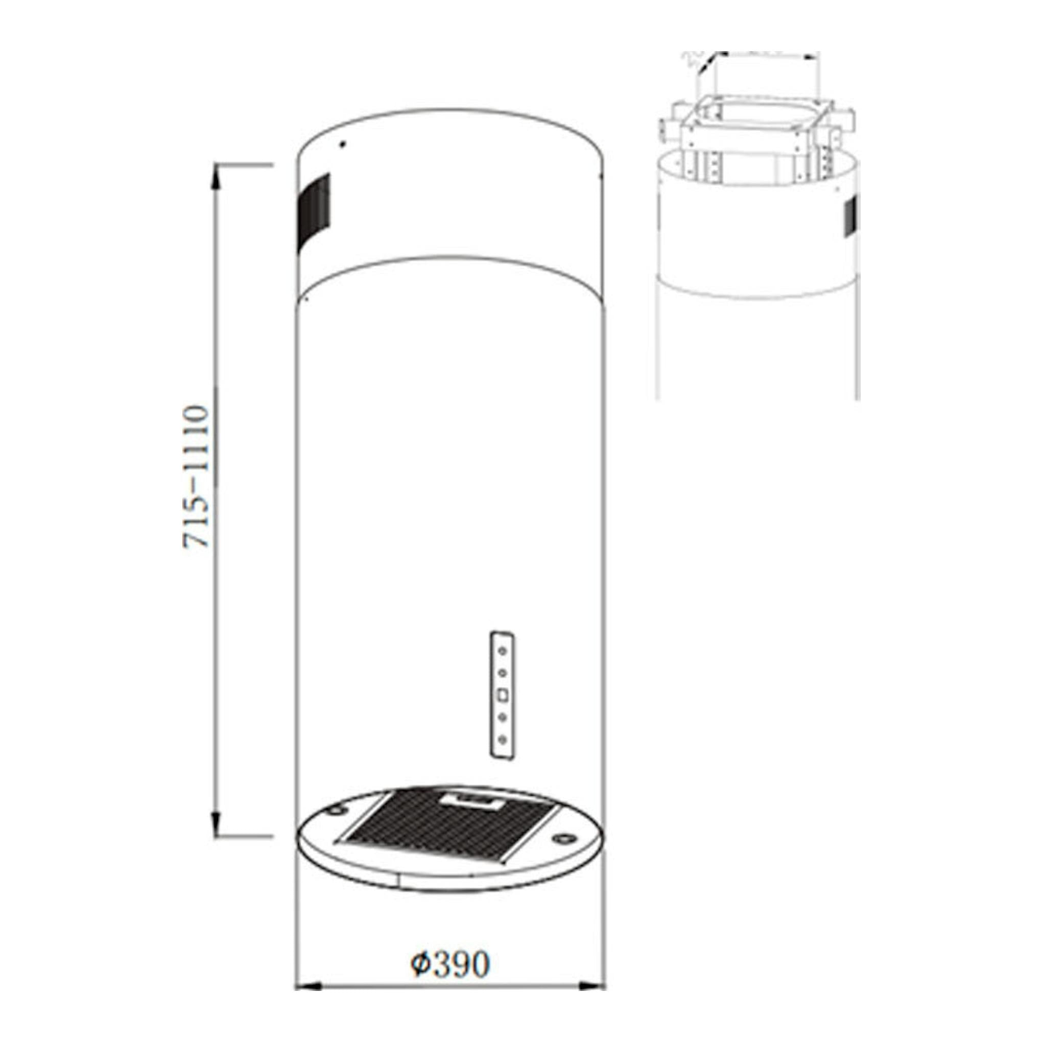 Dibujo técnico de campana de isla Fagor 3CFC455IX, cilíndrica en acero inoxidable, con medidas.
