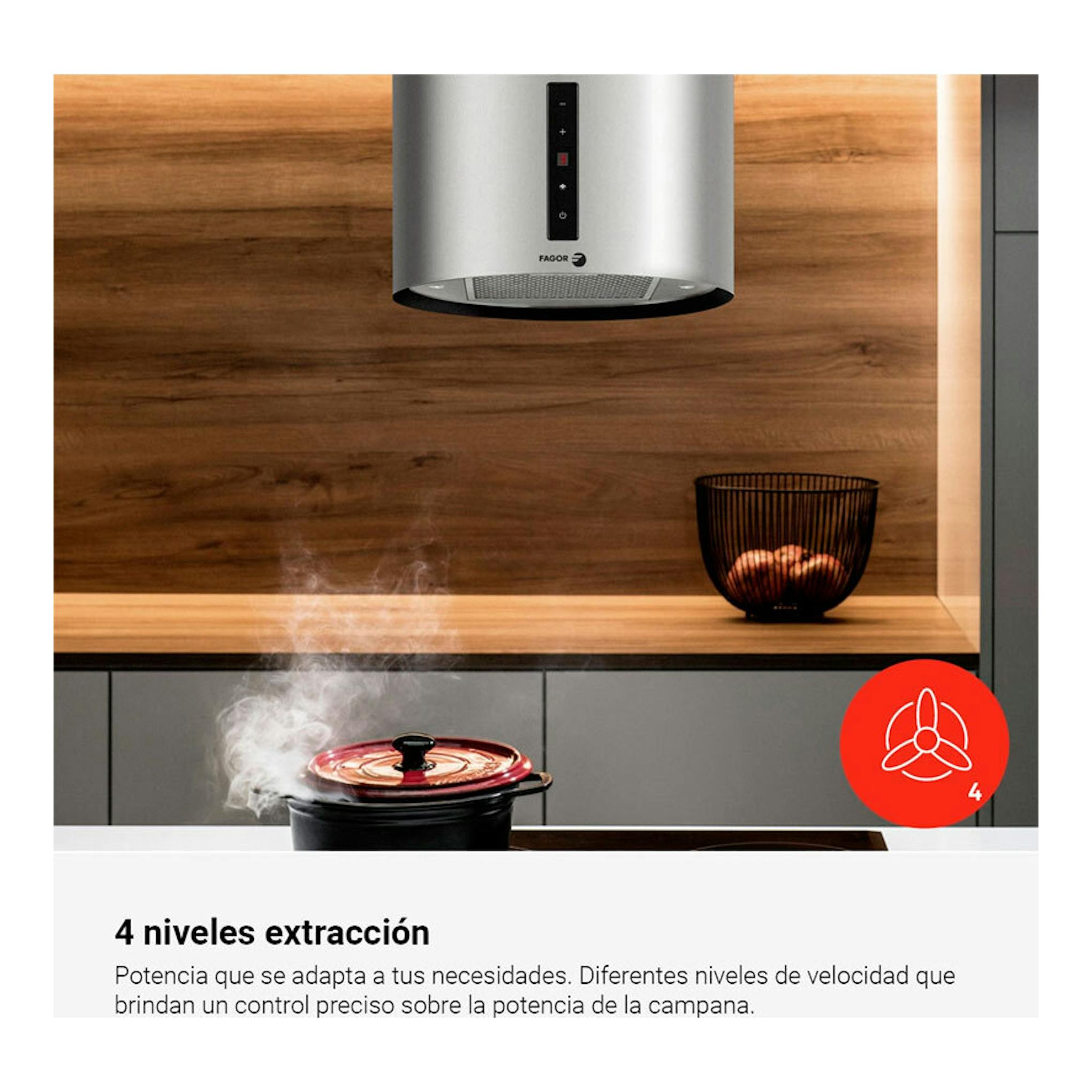 Campana decorativa de isla Fagor 3CFC455IX, vista frontal, acero inoxidable, sobre cocina.