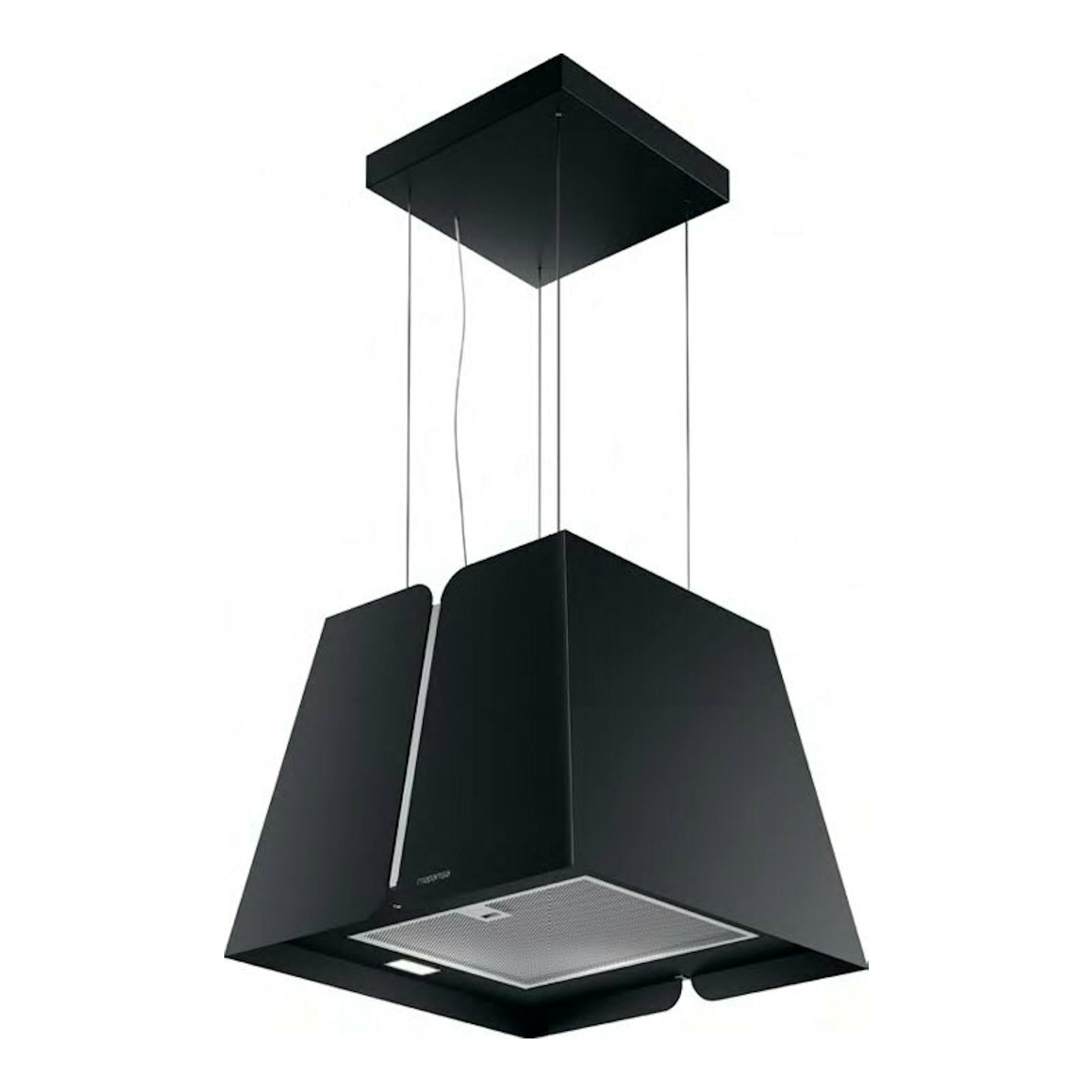 Campana de isla Mepamsa Victoria 43 cm negra mate, vista frontal inferior, suspendida del techo.