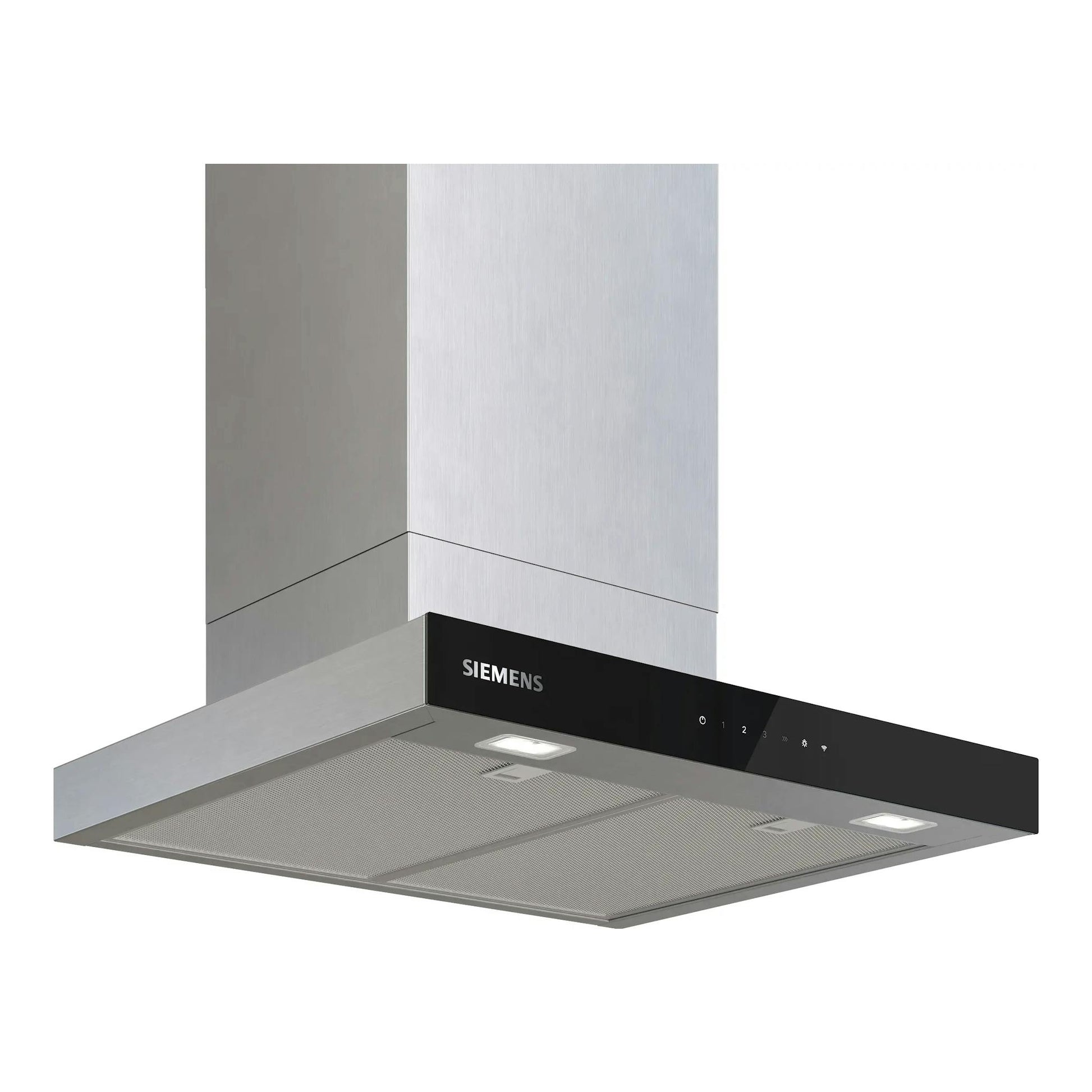 Campana de pared Siemens LC67BDN30 de 60 cm, acero inoxidable y panel negro, vista frontal inferior.