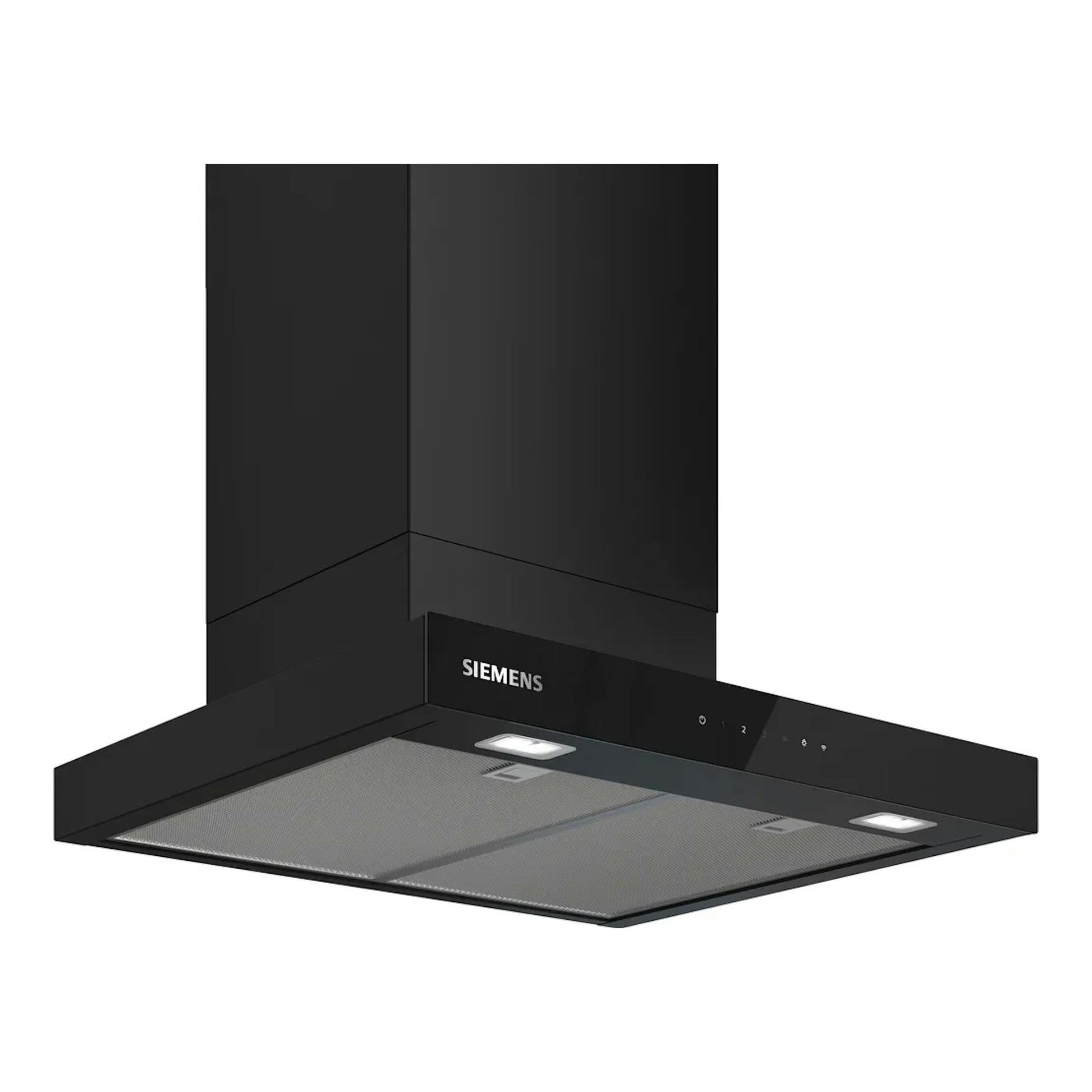 Campana decorativa de pared Siemens LC67BDN60, negra mate, vista frontal en ángulo inferior.