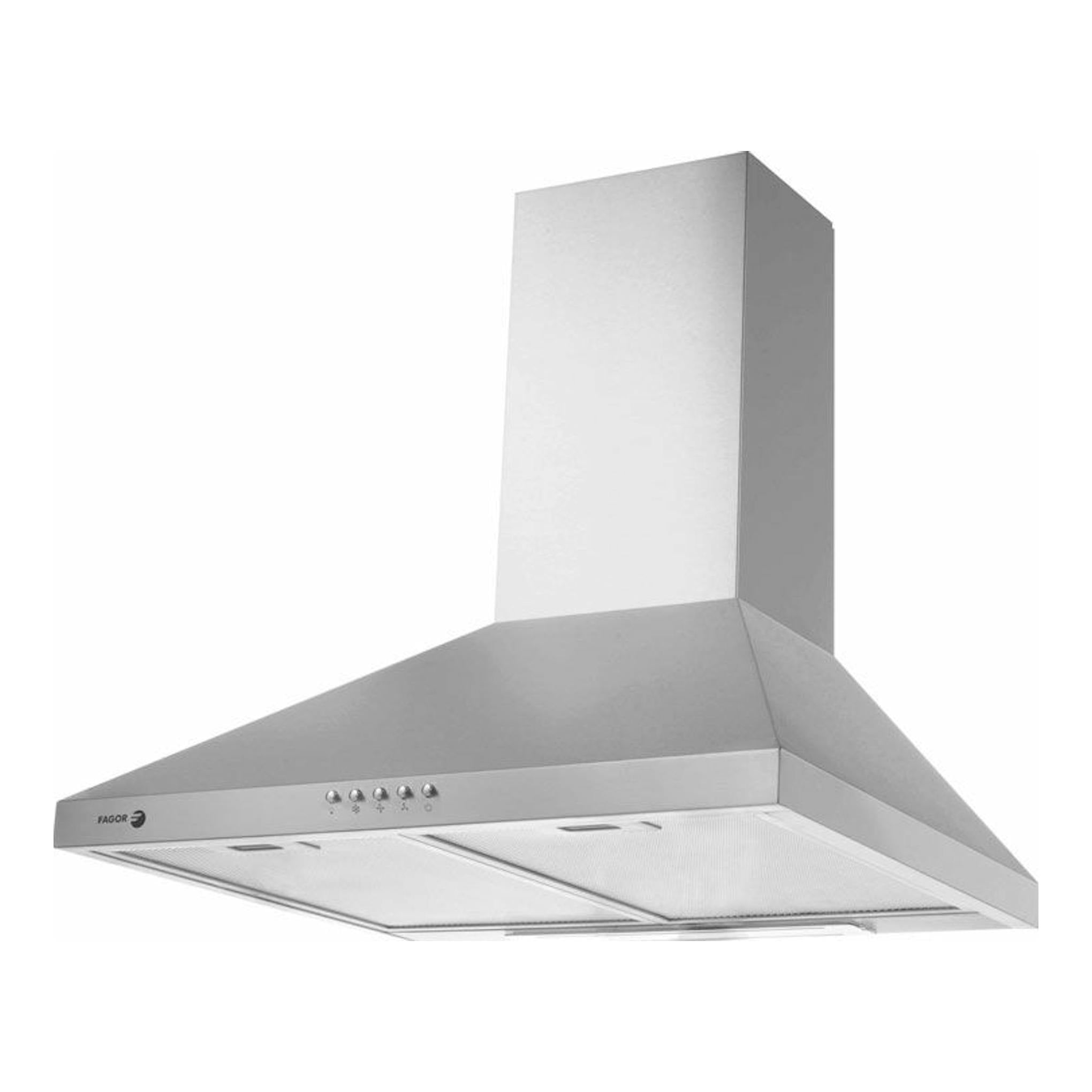 Campana decorativa Fagor 3CFP-6050X inox, vista frontal en ángulo, con chimenea vertical.
