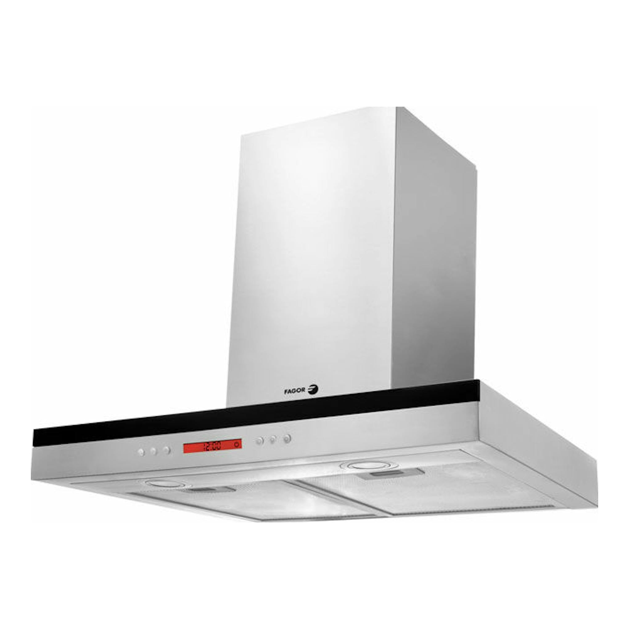 Campana decorativa Fagor 3CFS-6060X en inox, vista frontal en ángulo, con panel y filtros visibles.