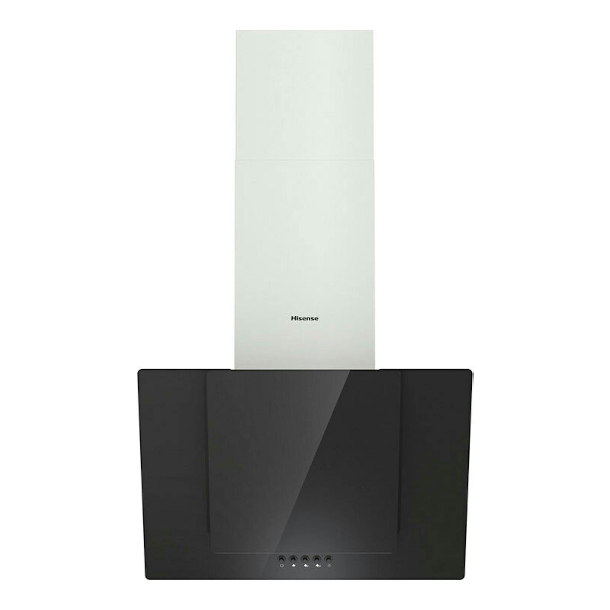 Campana extractora Hisense CH6IN6BXBG negra, vista frontal, con chimenea blanca y panel de vidrio.