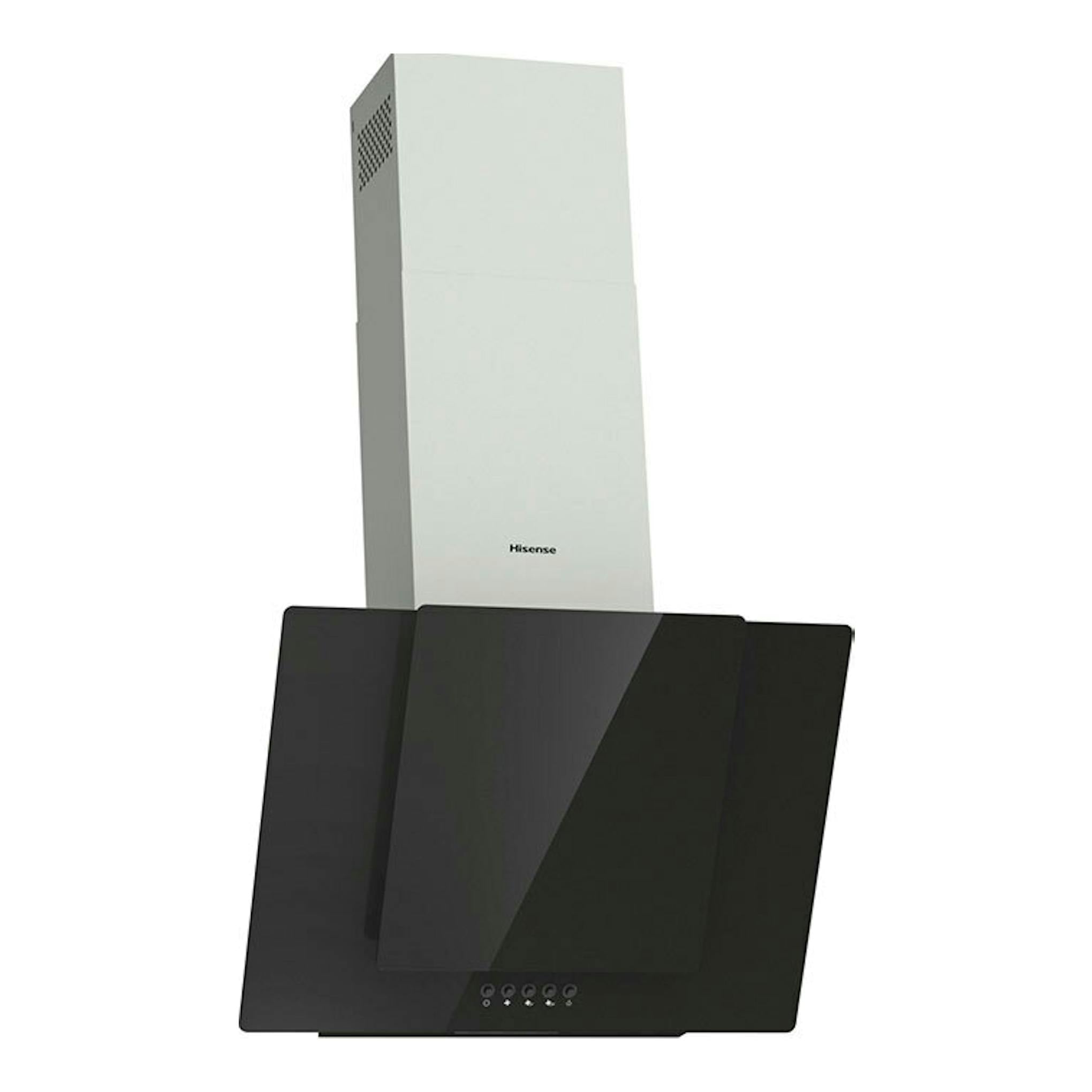 Campana decorativa Hisense CH6IN6BXBG negra, vista frontal con panel de vidrio inclinado y chimenea blanca.