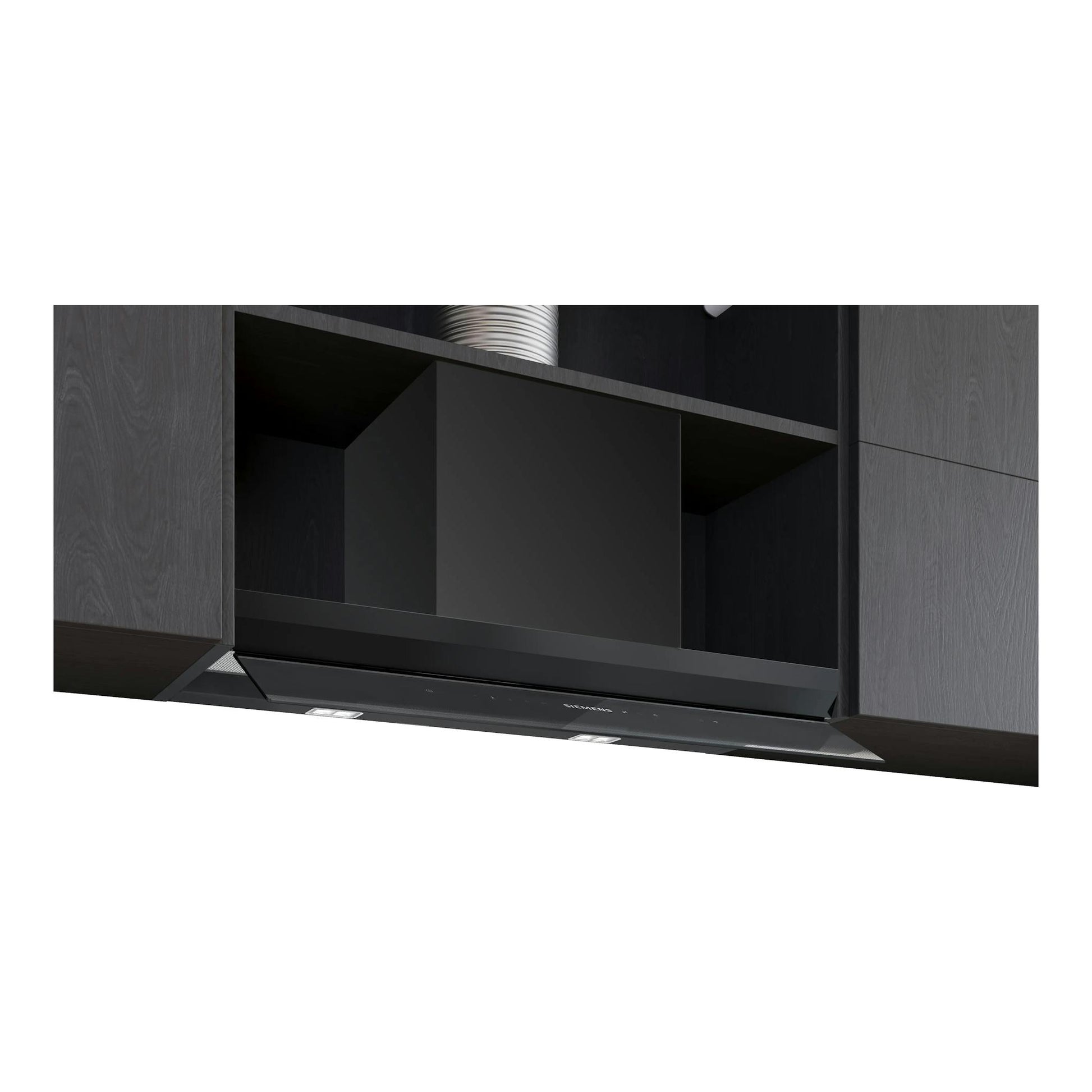 Campana extractora integrada Siemens LJ88BET60, cristal negro, vista frontal en muebles oscuros.