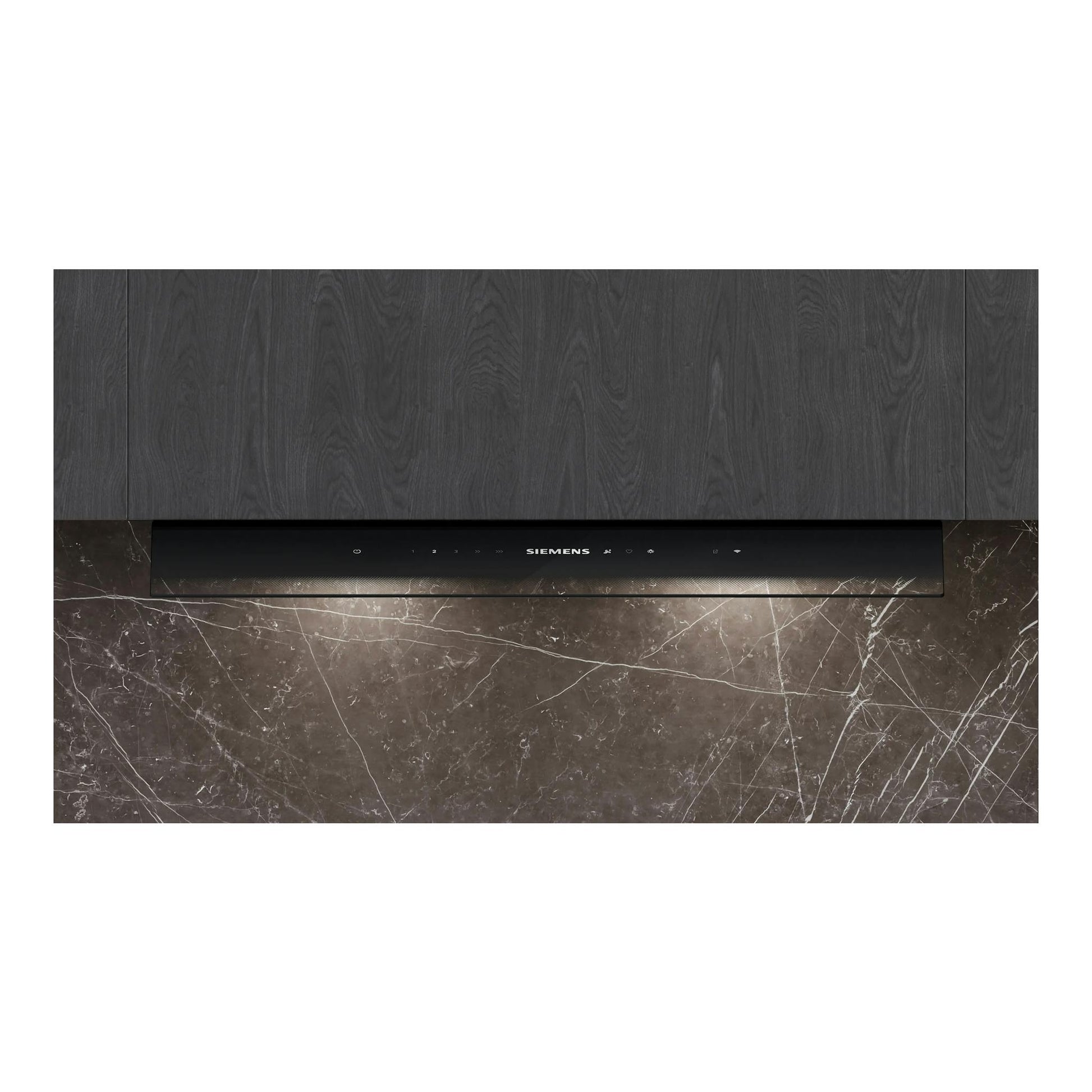 Campana extractora integrada Siemens LJ88BET60, vista frontal, cristal negro, empotrada entre muebles.