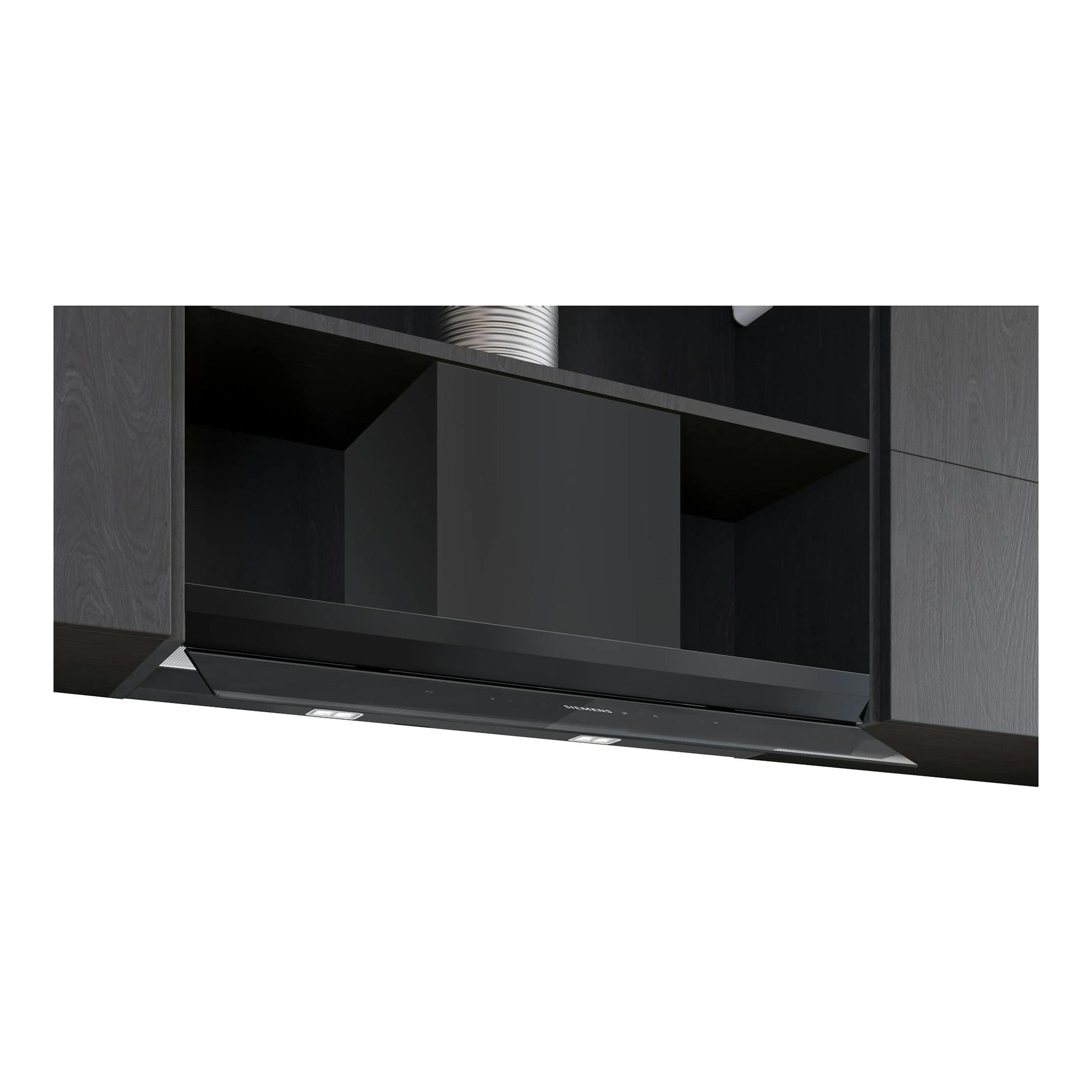 Campana extractora integrada Siemens LJ98BET60 en negro mate, vista frontal inclinada.