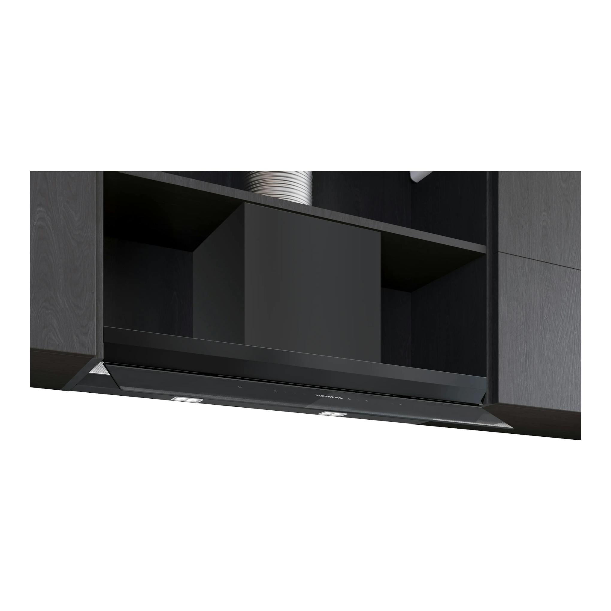 Campana extractora integrada Siemens LJ98BET60 en negro mate, vista frontal inclinada.