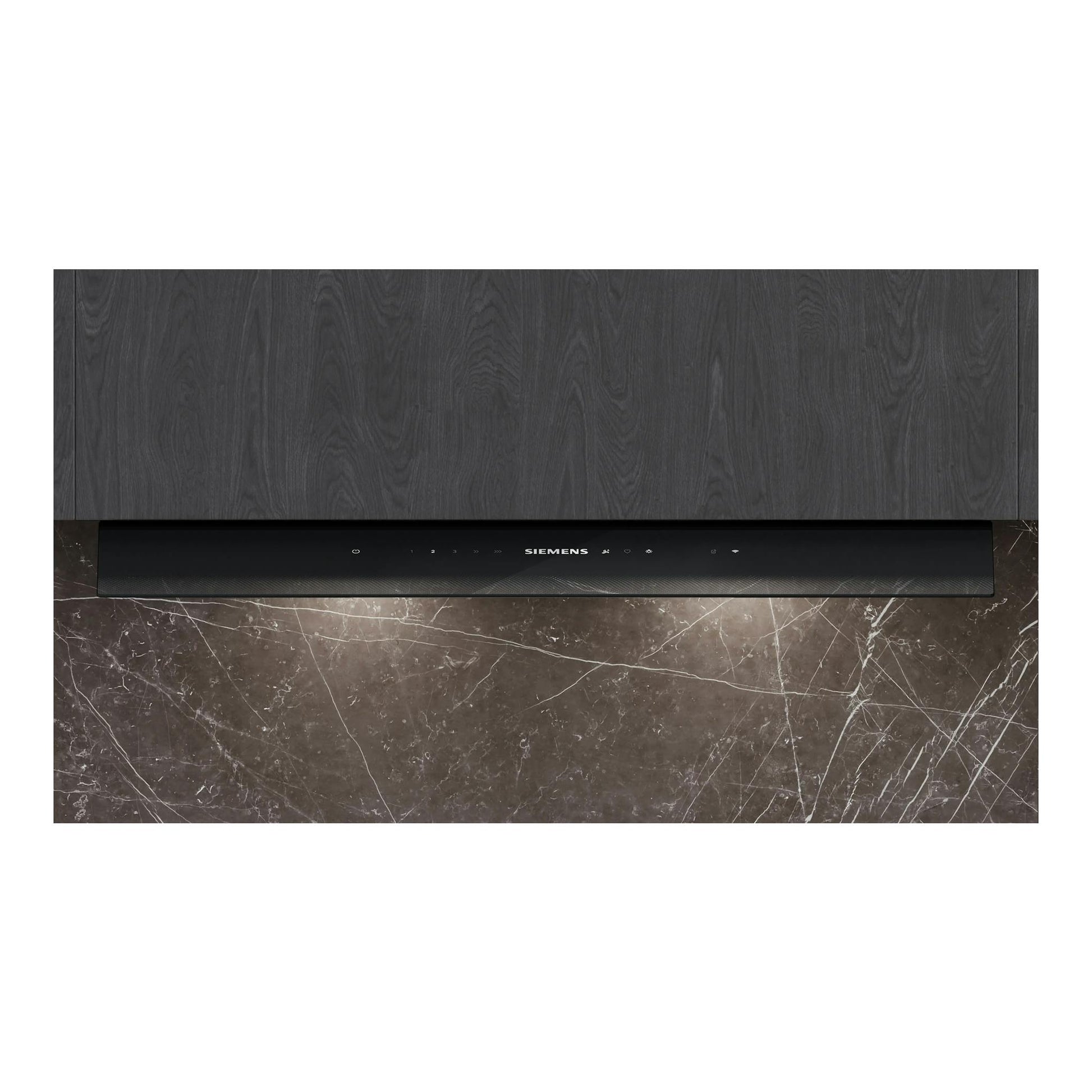 Campana integrable Siemens LJ98BET60, vista frontal, negro mate, instalada bajo mueble.