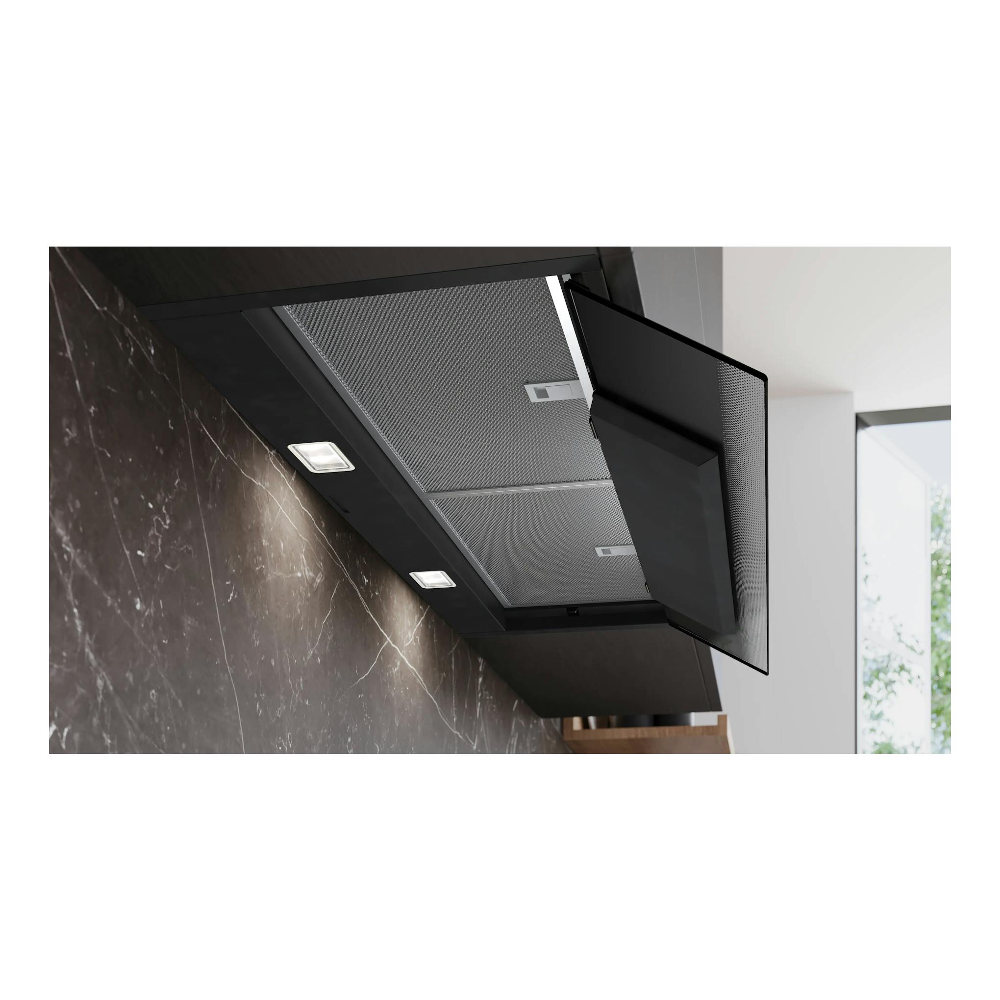 Campana decorativa integrable Siemens LJ98BET60 negra, vista inferior con panel abatible y luces LED.