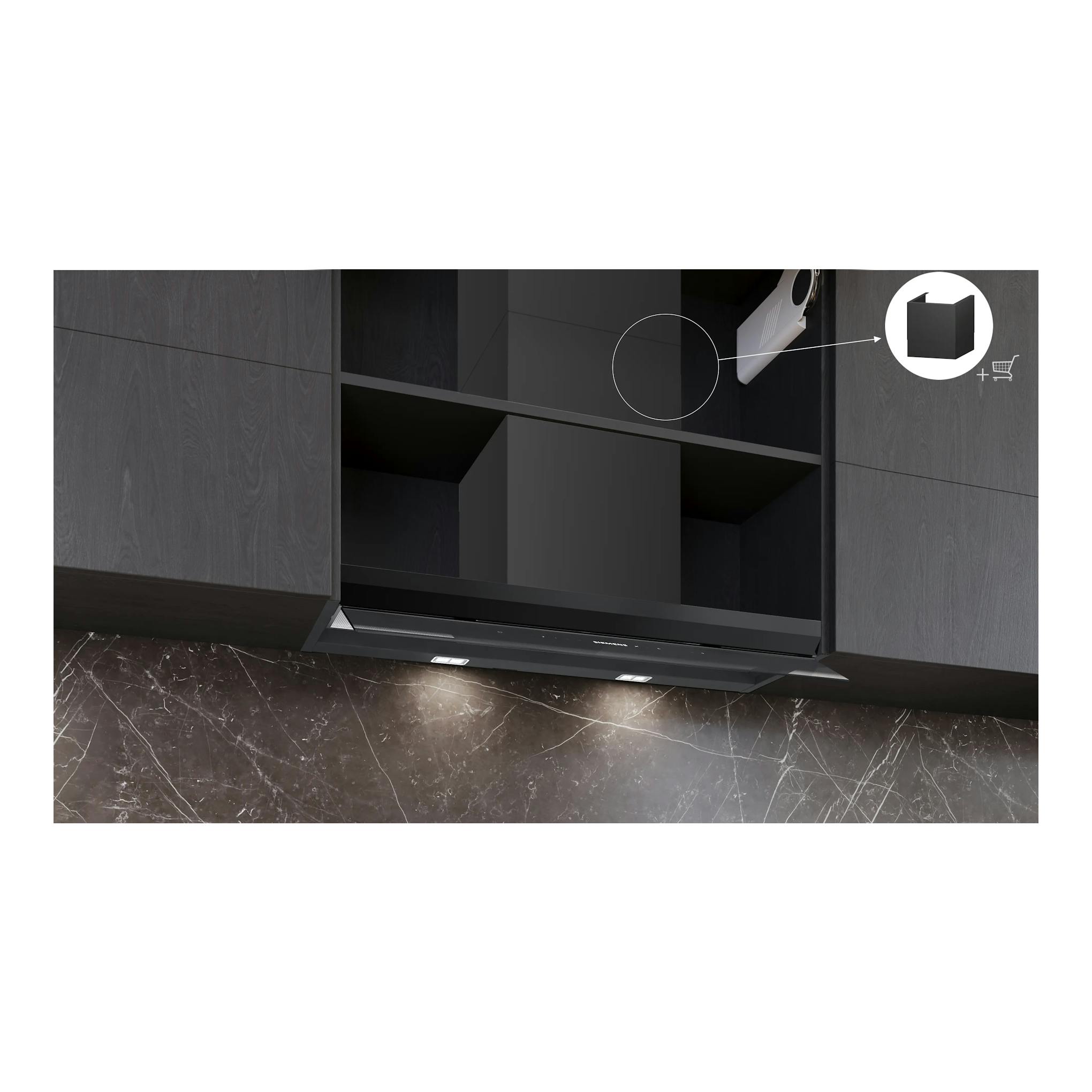 Campana extractora integrable Siemens LJ98BET60 negra mate, vista frontal en mueble de cocina.