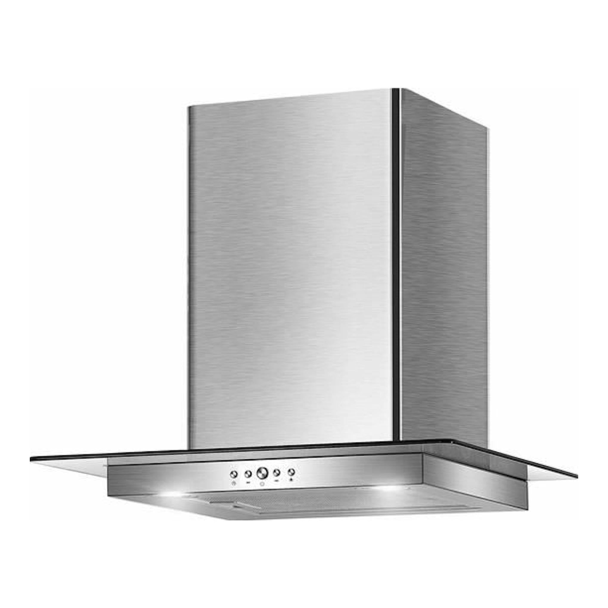 Campana decorativa Mepamsa Cristalo 60 inox, vista frontal de tres cuartos, acero inoxidable y cristal.