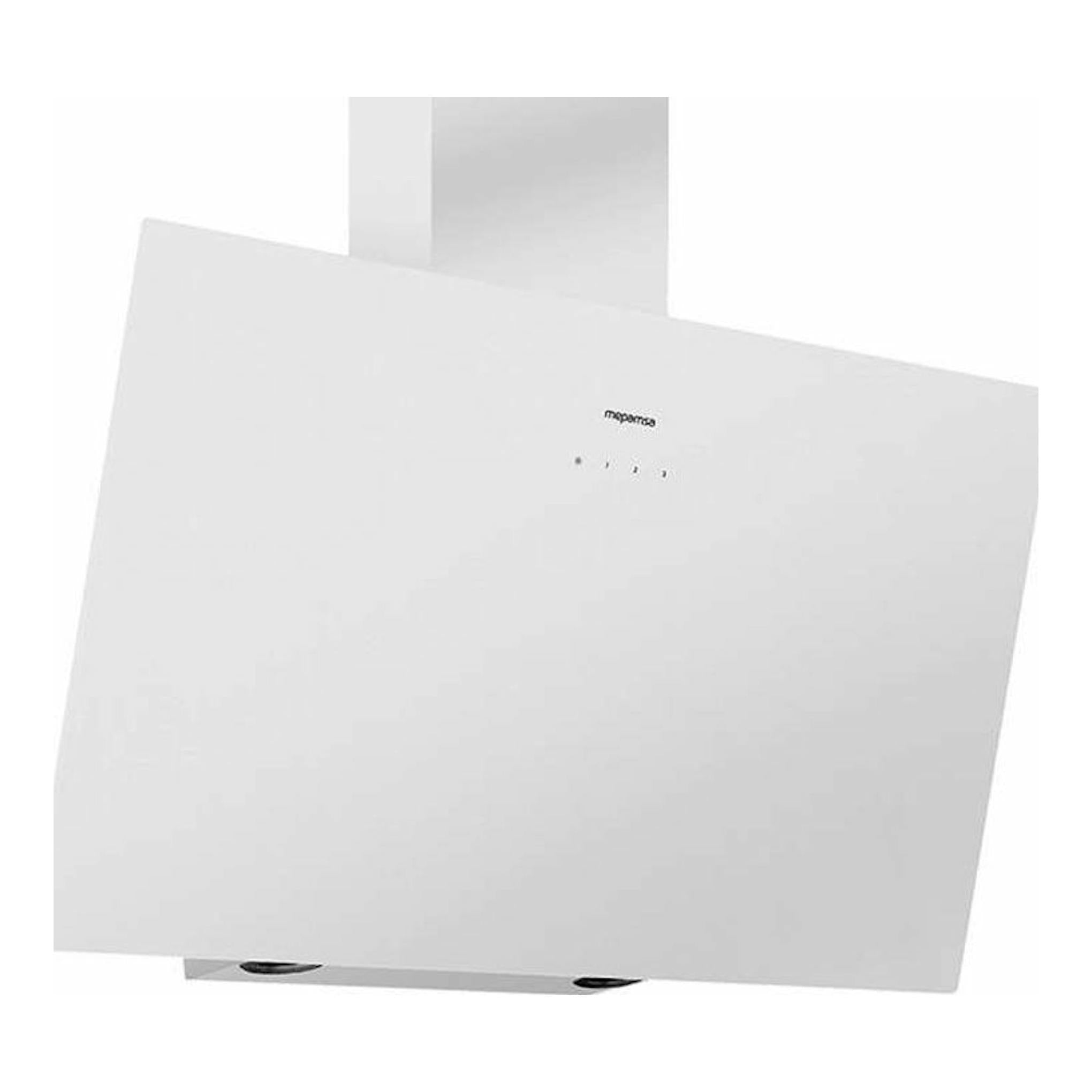 Campana decorativa Mepamsa Display Green Power 80 blanca, vista frontal inclinada, con chimenea.