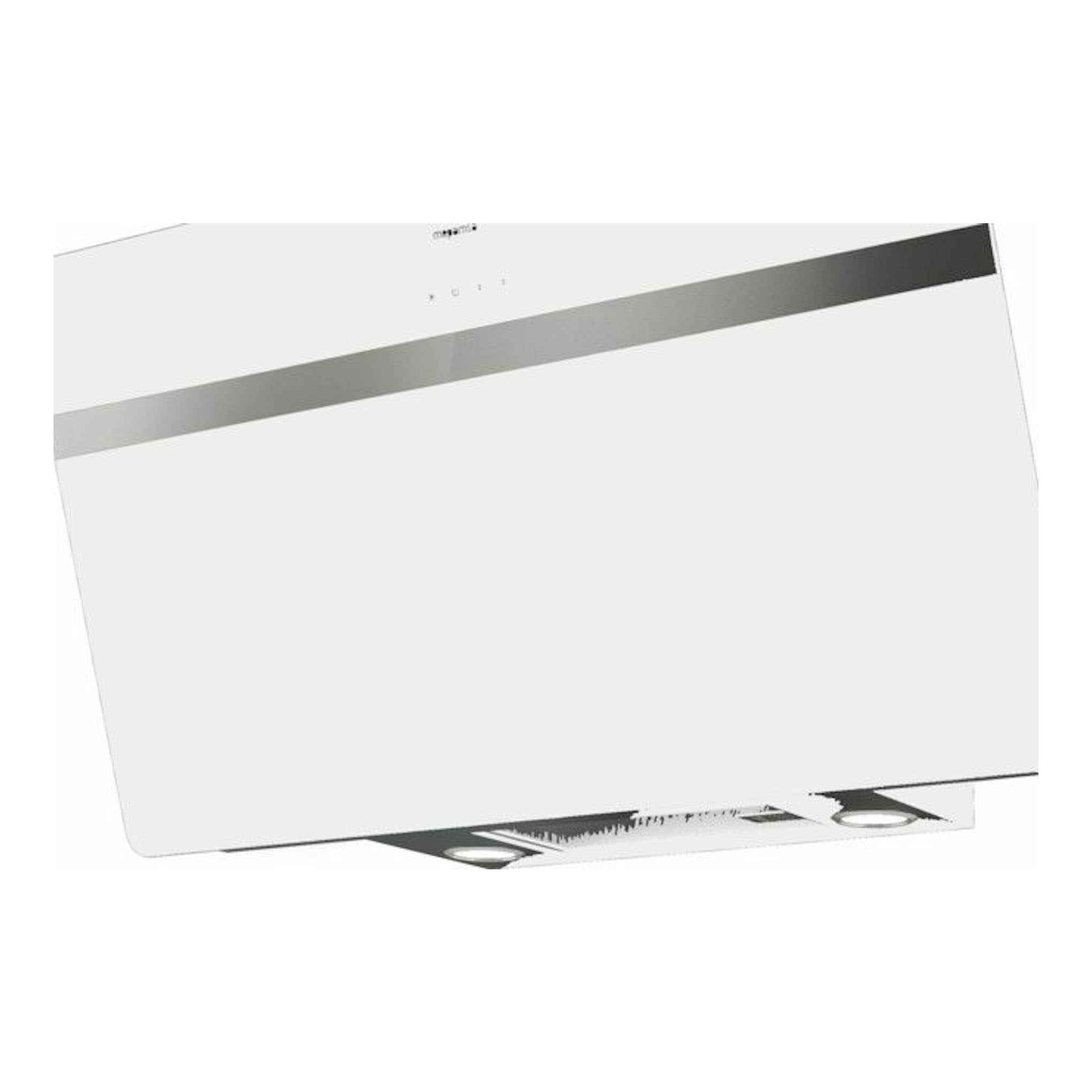 Campana decorativa Mepamsa LINEA 90 blanca, vista frontal en ángulo, con franja gris horizontal.
