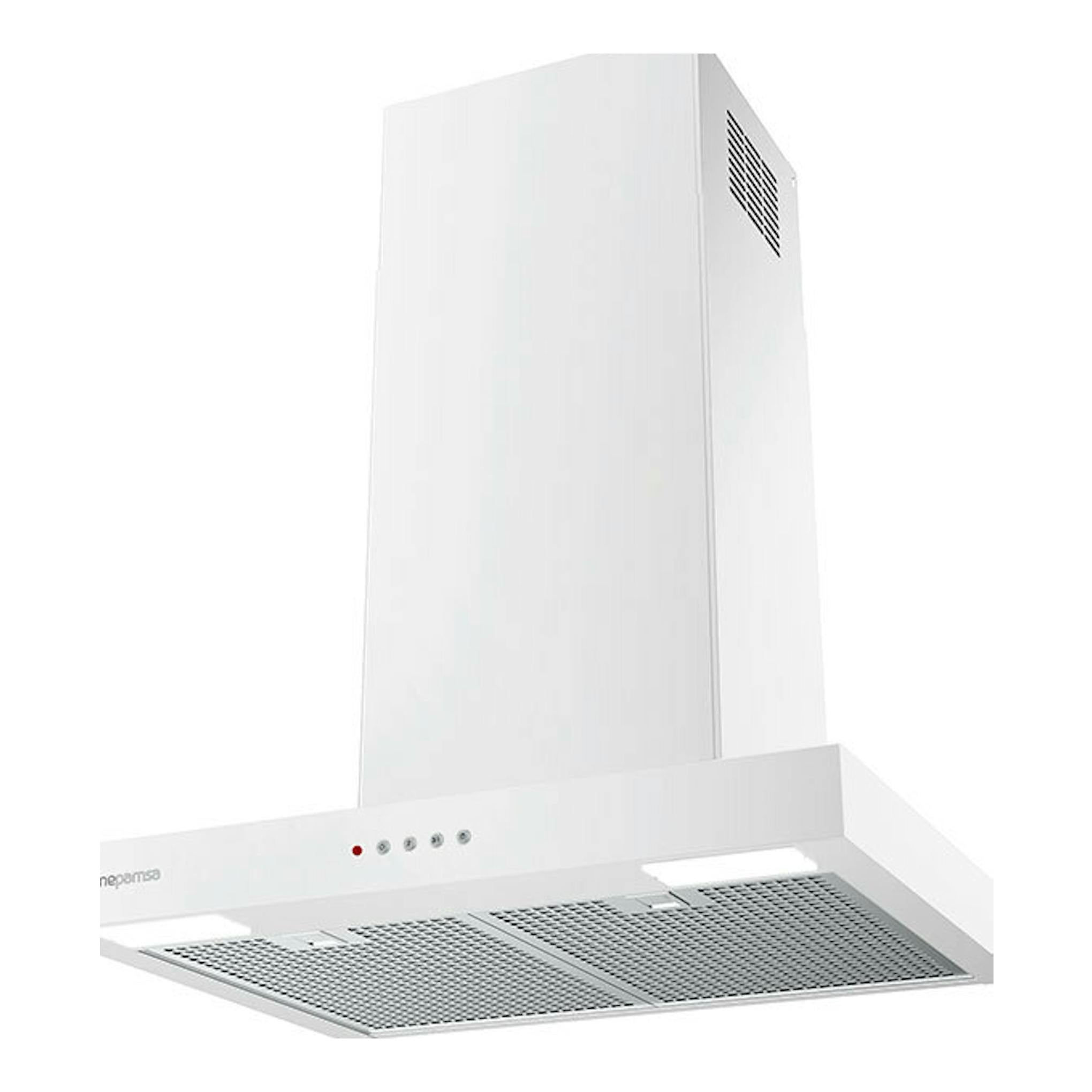 Campana decorativa Mepamsa Stilo Neo blanca, vista inferior y frontal, con panel y filtros metálicos.