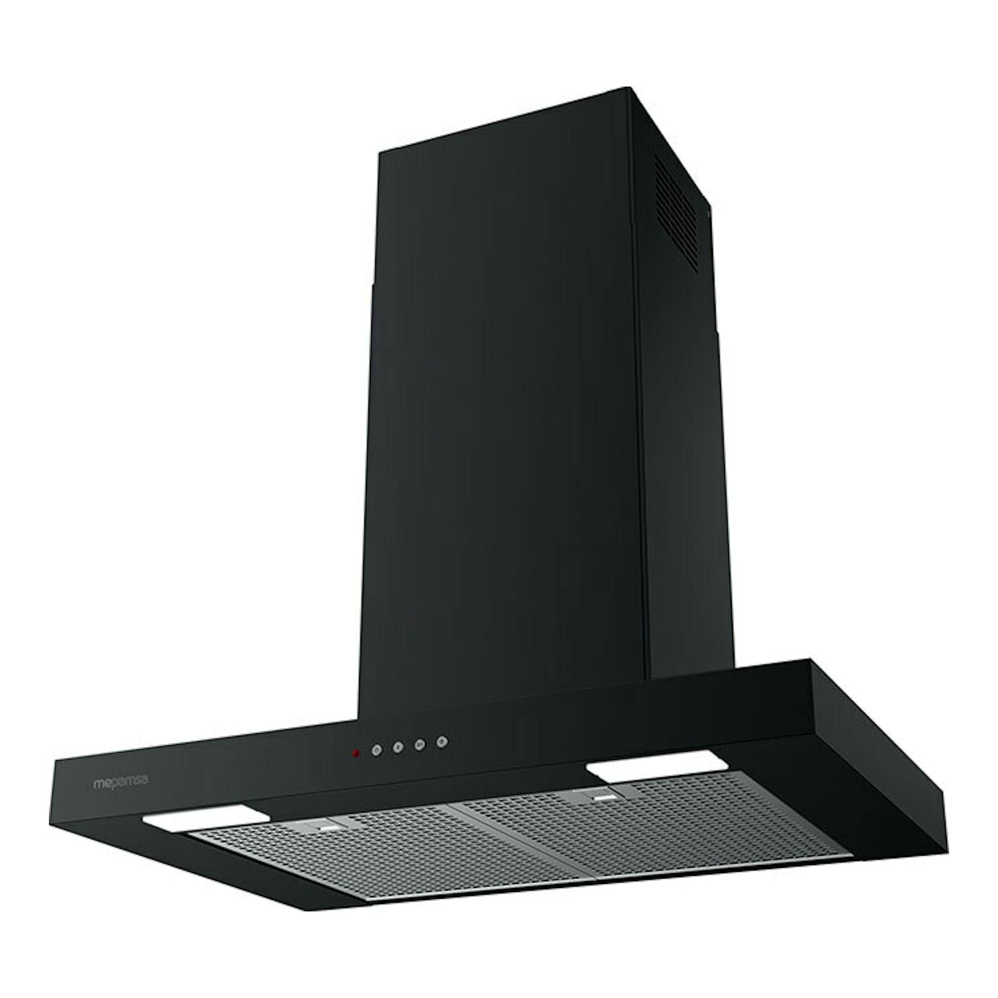 Campana decorativa Mepamsa Stilo Neo negra, vista frontal e inferior, con chimenea alta.