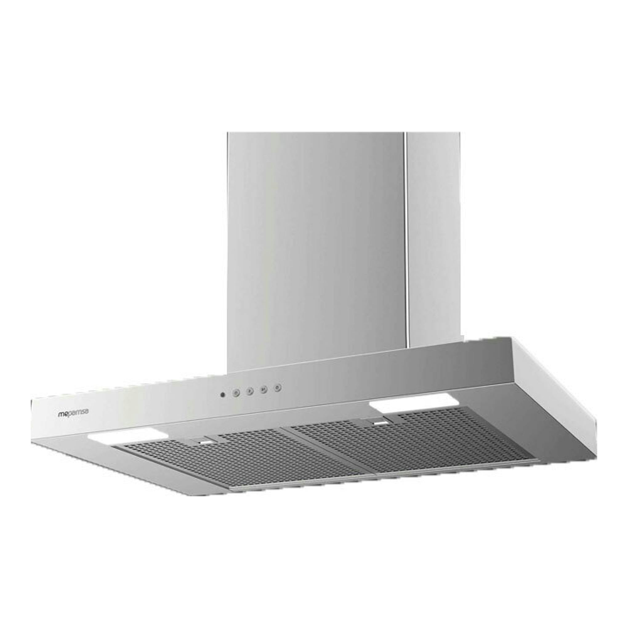 Campana extractora Mepamsa Stilo Neo 70 X de acero inox, vista frontal inferior en ángulo.