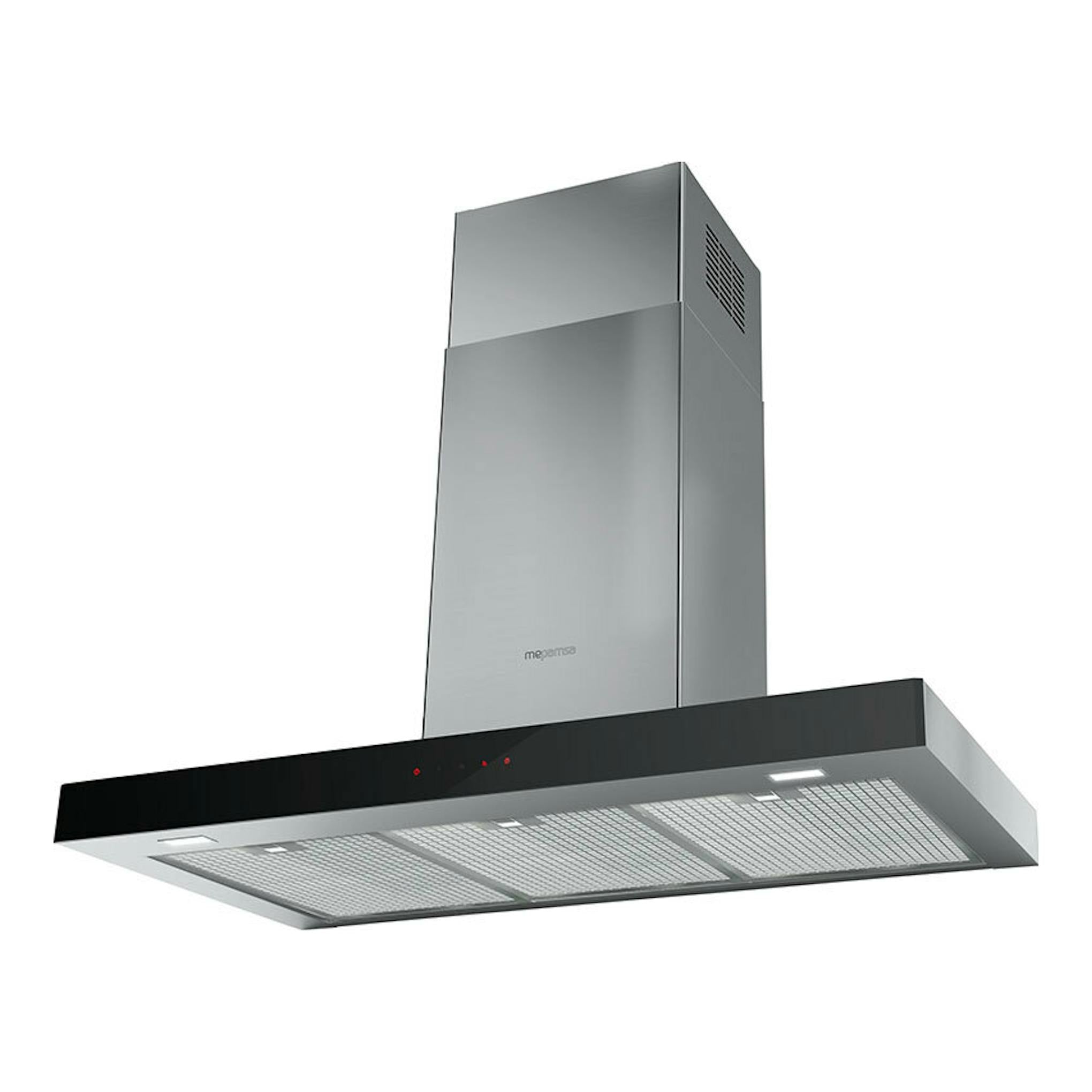 Campana decorativa Mepamsa Stilo Neo 90 cm en inox, vista frontal inferior en perspectiva.