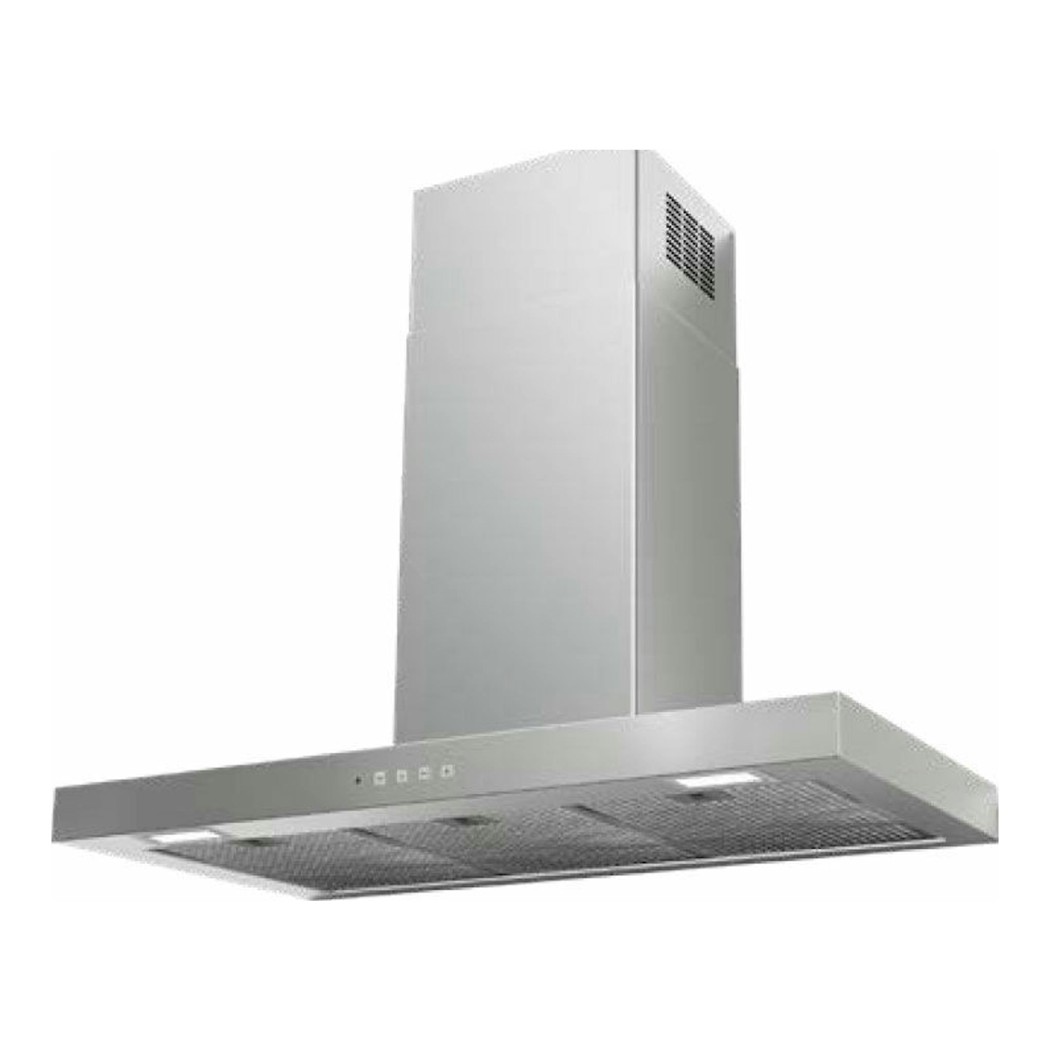 Campana decorativa Mepamsa Stilo Neo 90 inox, vista frontal en perspectiva, acabado acero inoxidable.