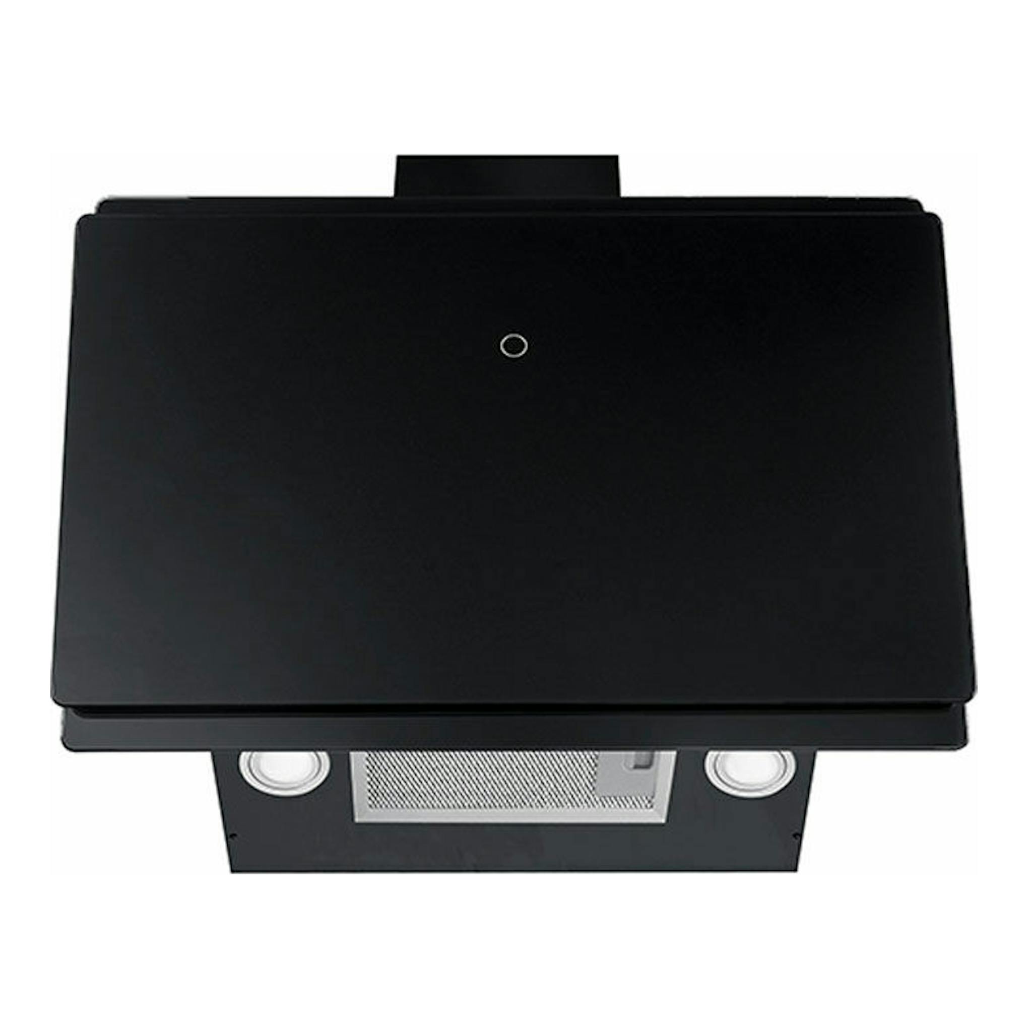 Campana decorativa Mepansa Luna Plus 90 negra, vista frontal con panel de vidrio negro.