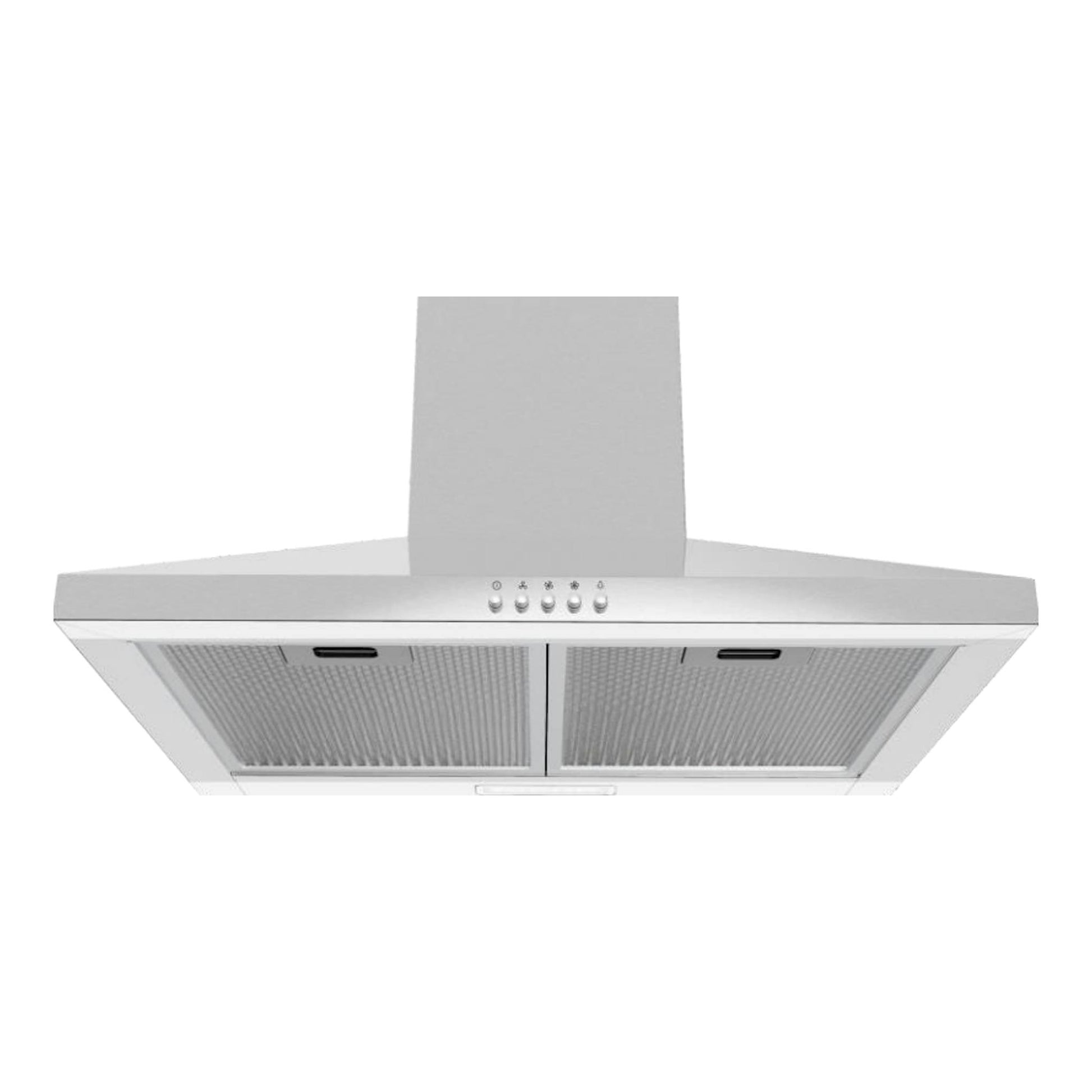 Campana decorativa Midea MH60A17EM21SB-EU en inox, vista frontal inferior, con dos filtros metálicos.