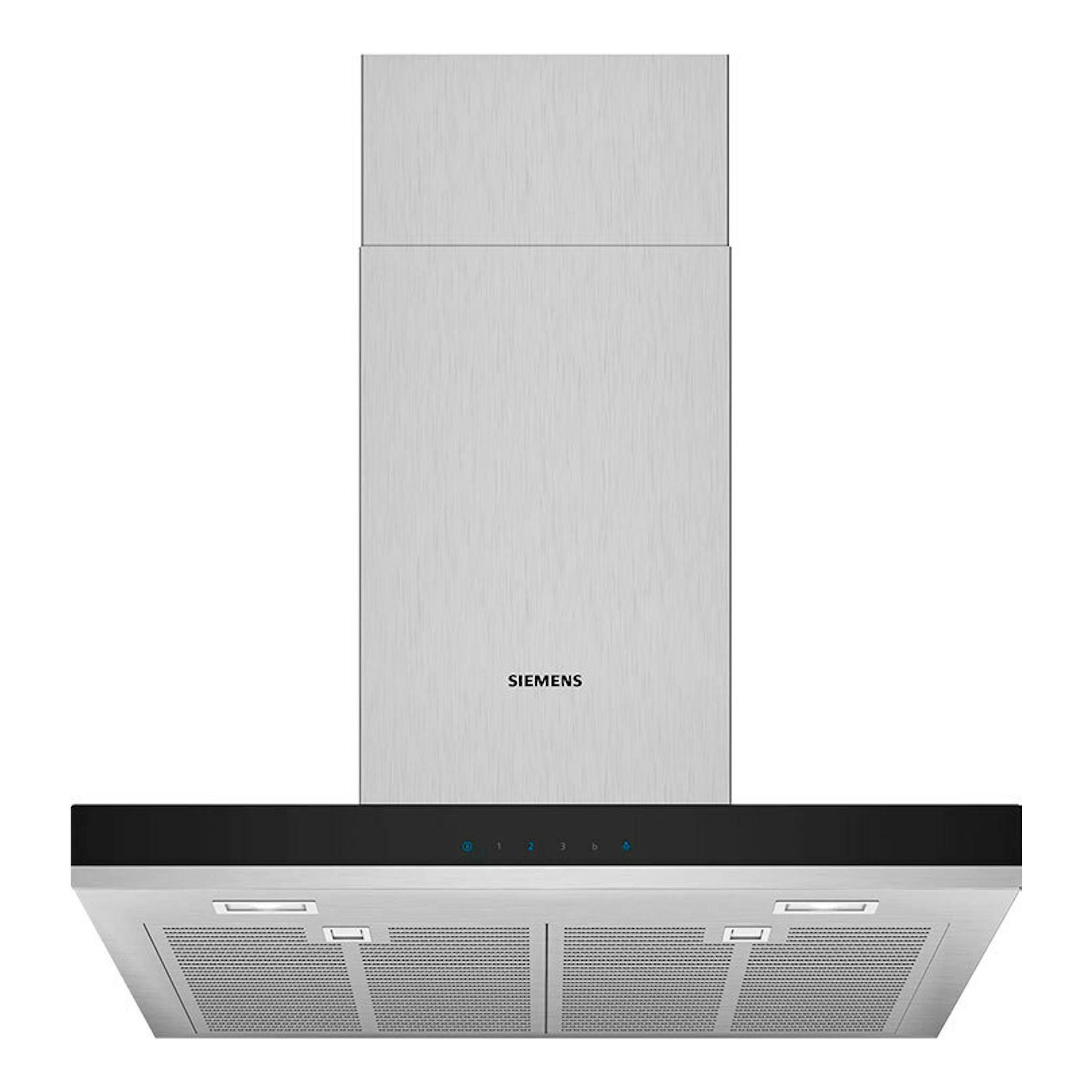 Campana decorativa Siemens LC67BHM50 inox, vista frontal, en acero inoxidable con panel negro.