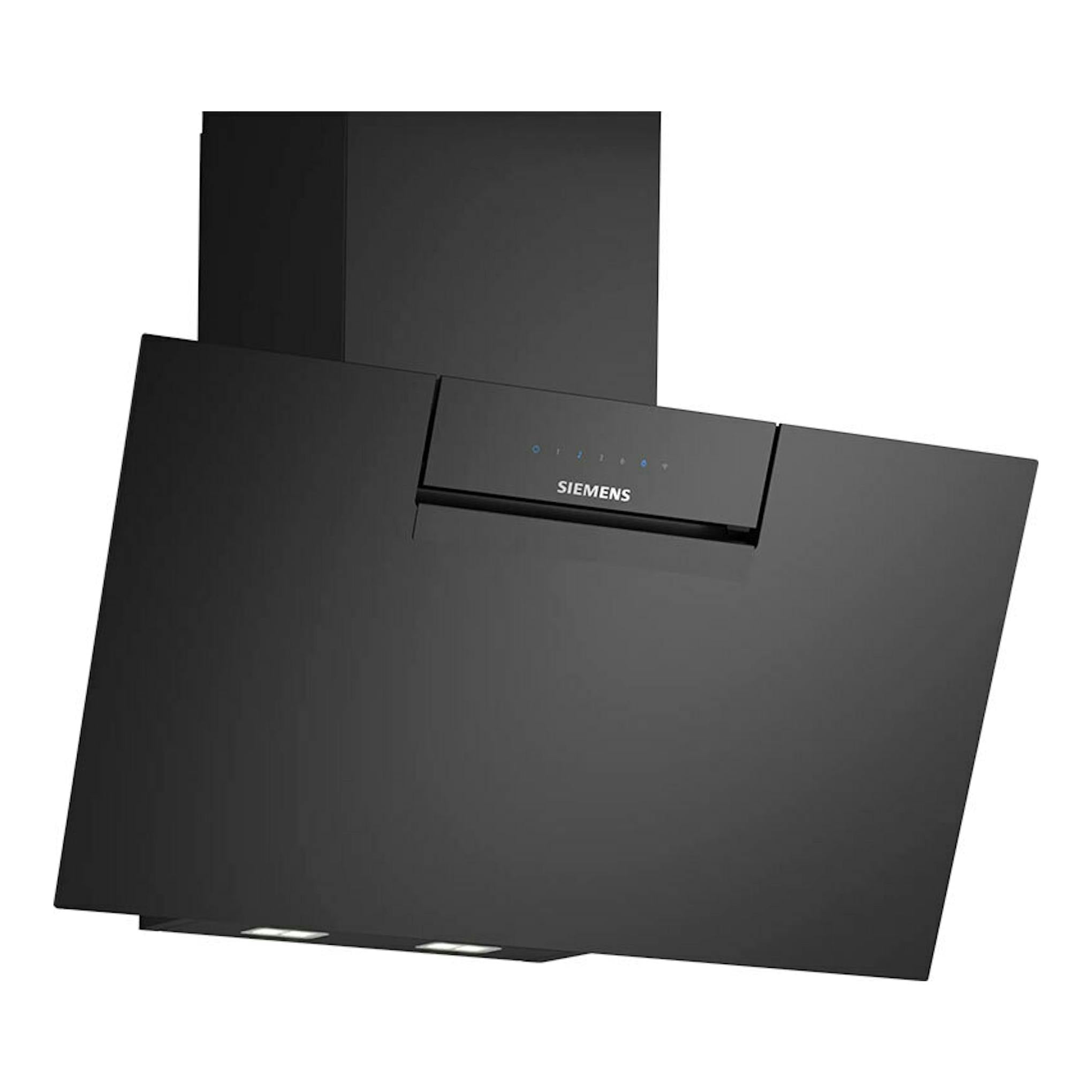 Campana decorativa Siemens LC87KFN60 negra, vista frontal inclinada.
