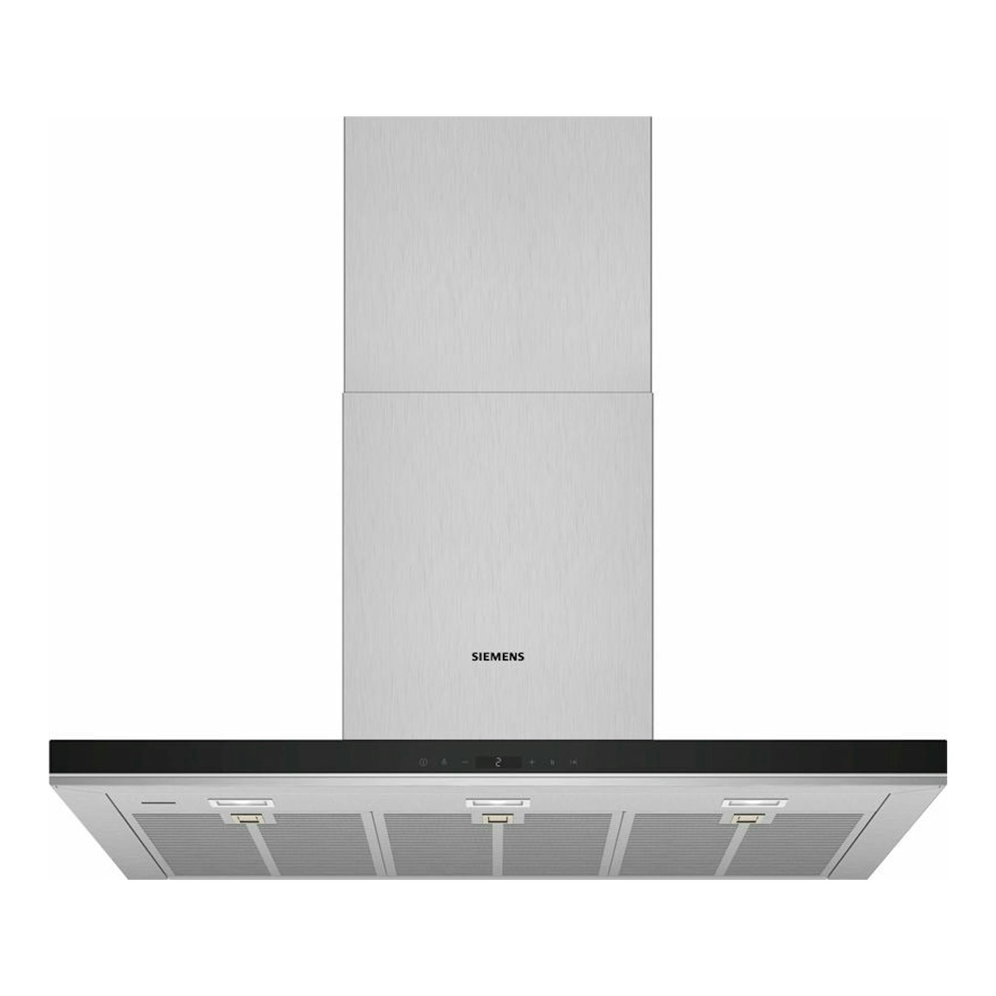 Campana decorativa Siemens LC91BUR50 en acero inoxidable con frontal negro, vista frontal.