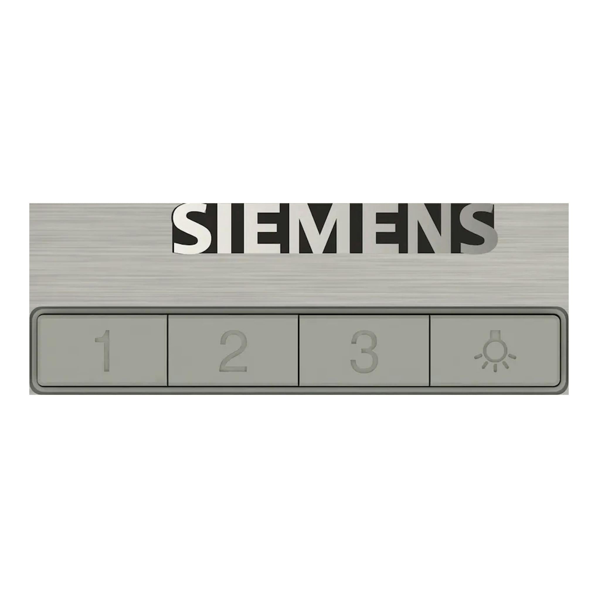 Panel frontal de campana Siemens LC95BCC30 en inox, con logo, botones 1-3 y símbolo de luz.