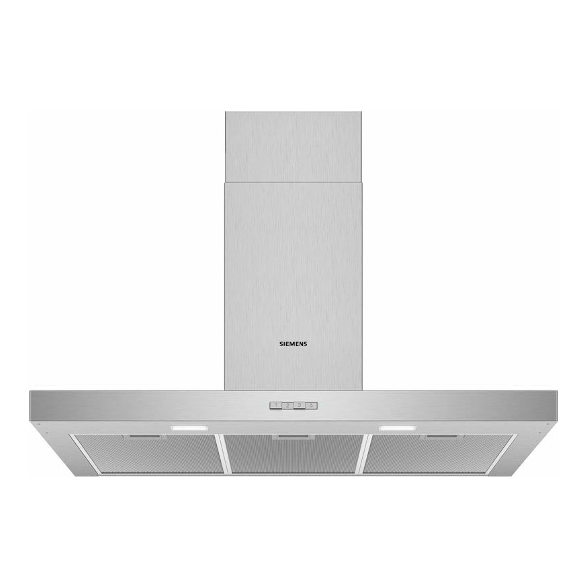 Campana decorativa Siemens LC96BBC50 inox, vista frontal, acabado metálico plateado.
