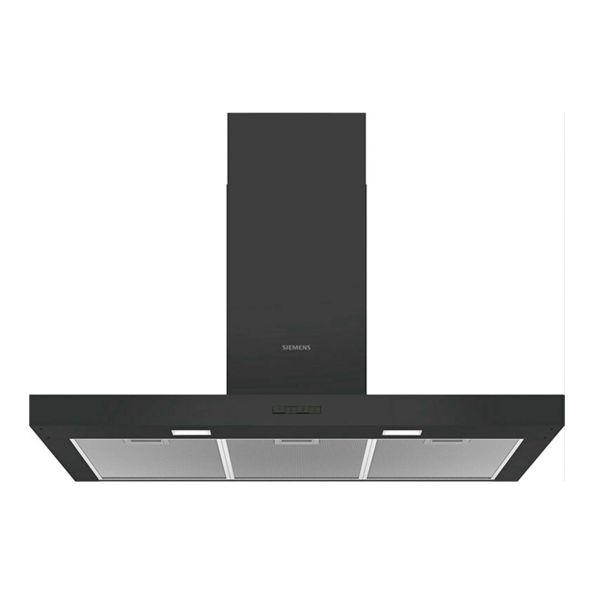 Campana extractora decorativa Siemens LC96BBC60 negra, vista frontal, con panel vertical y filtros metálicos.