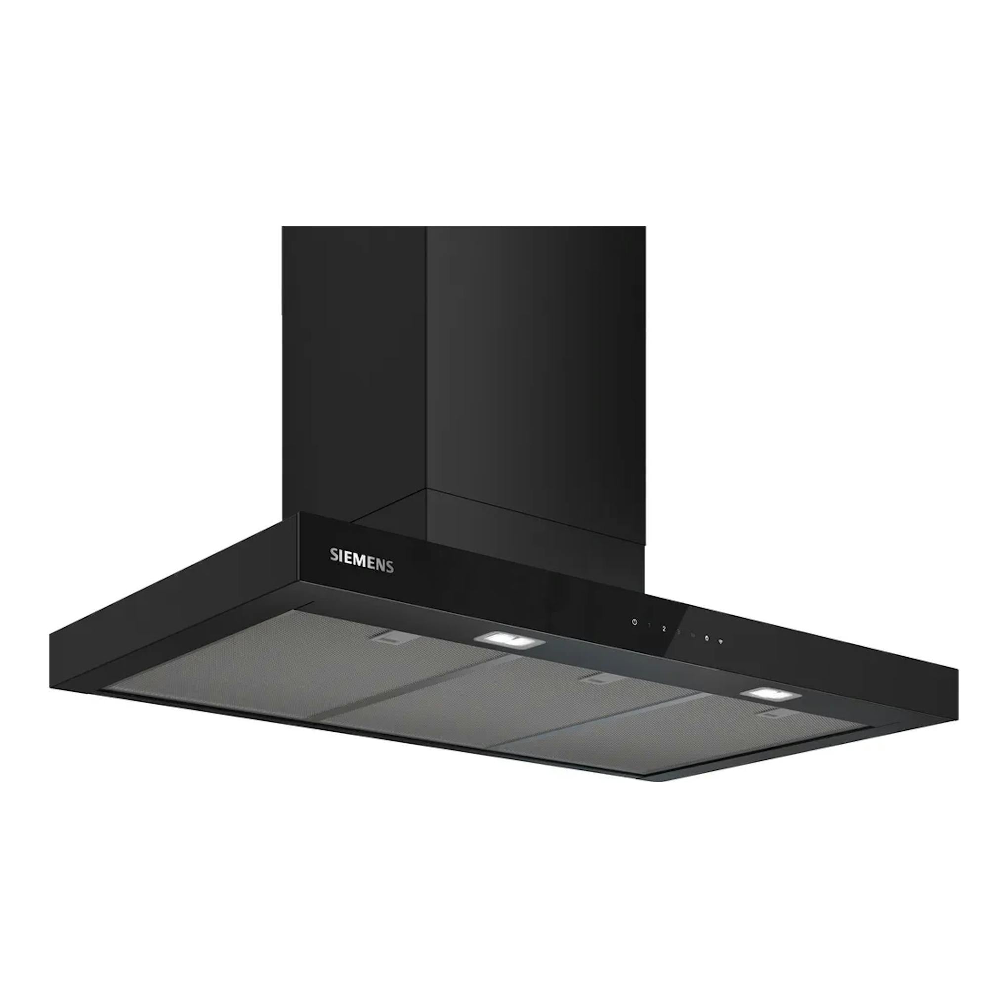 Campana decorativa Siemens LC95BCC60, negro mate, vista frontal inclinada, 90 cm.