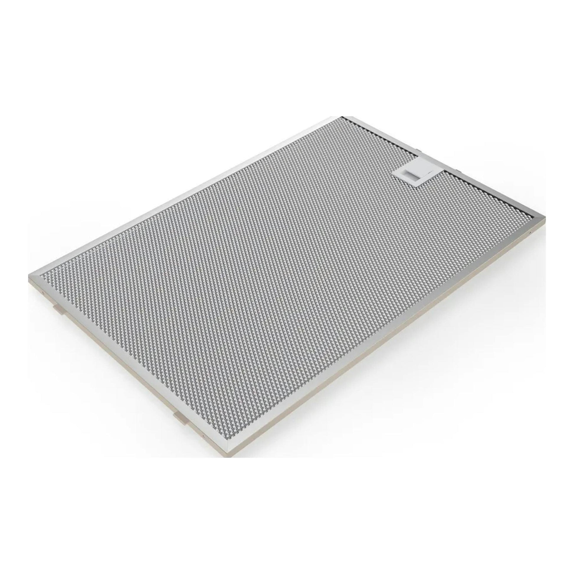 Filtro metálico rectangular para campana Siemens LC97BDN60, vista en diagonal, color plata.