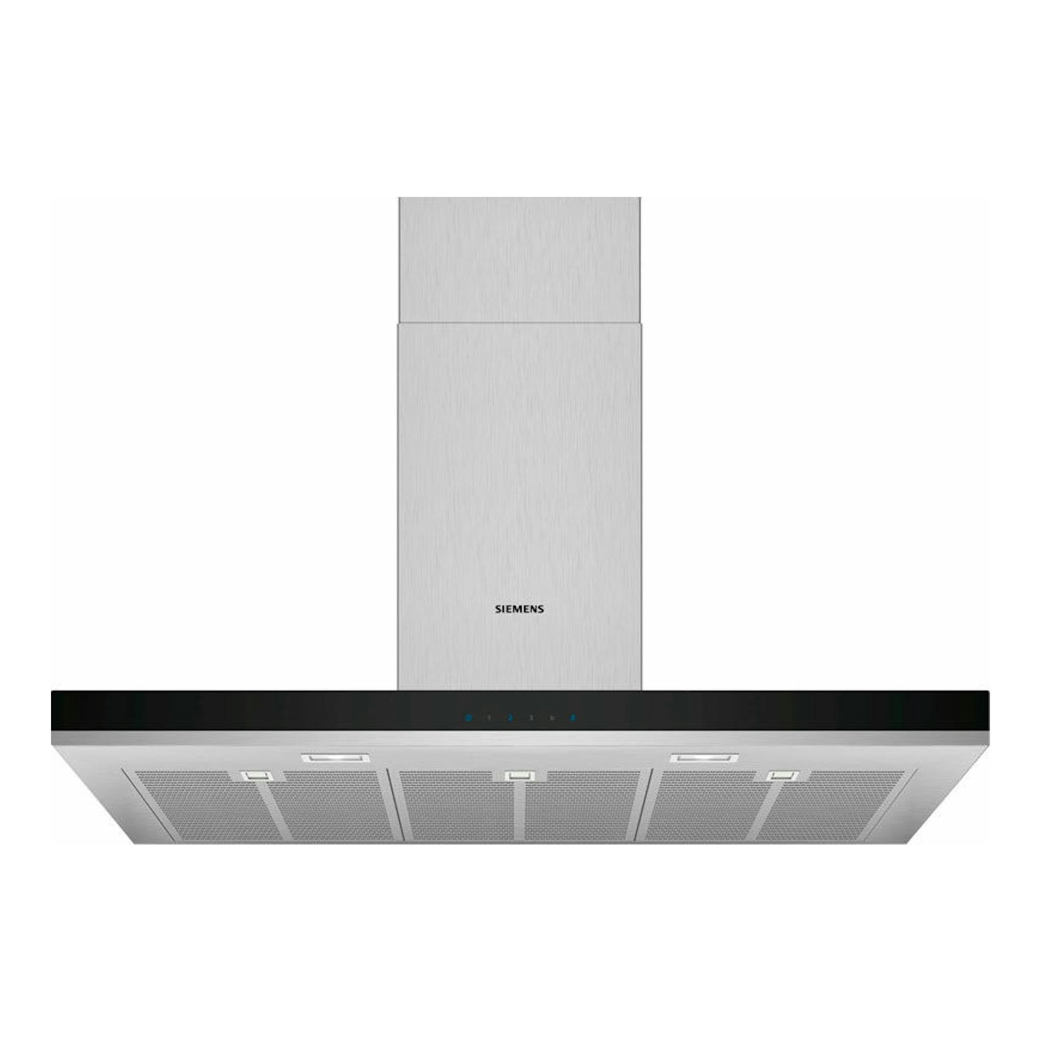 Campana decorativa Siemens LC97BHM50 en acero inoxidable y negro, vista frontal con chimenea y filtros inferiores.