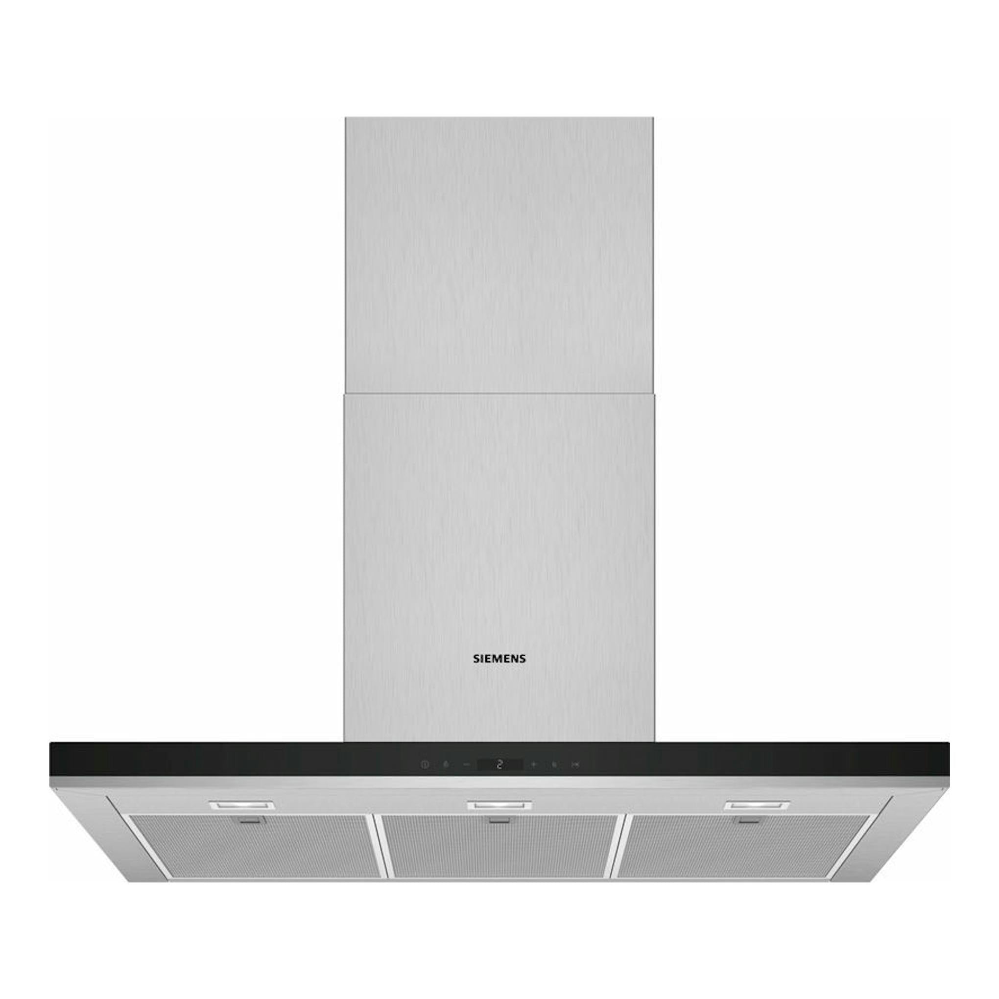 Campana decorativa Siemens LC97BHP50 en inox, vista frontal con chimenea metálica y panel negro.