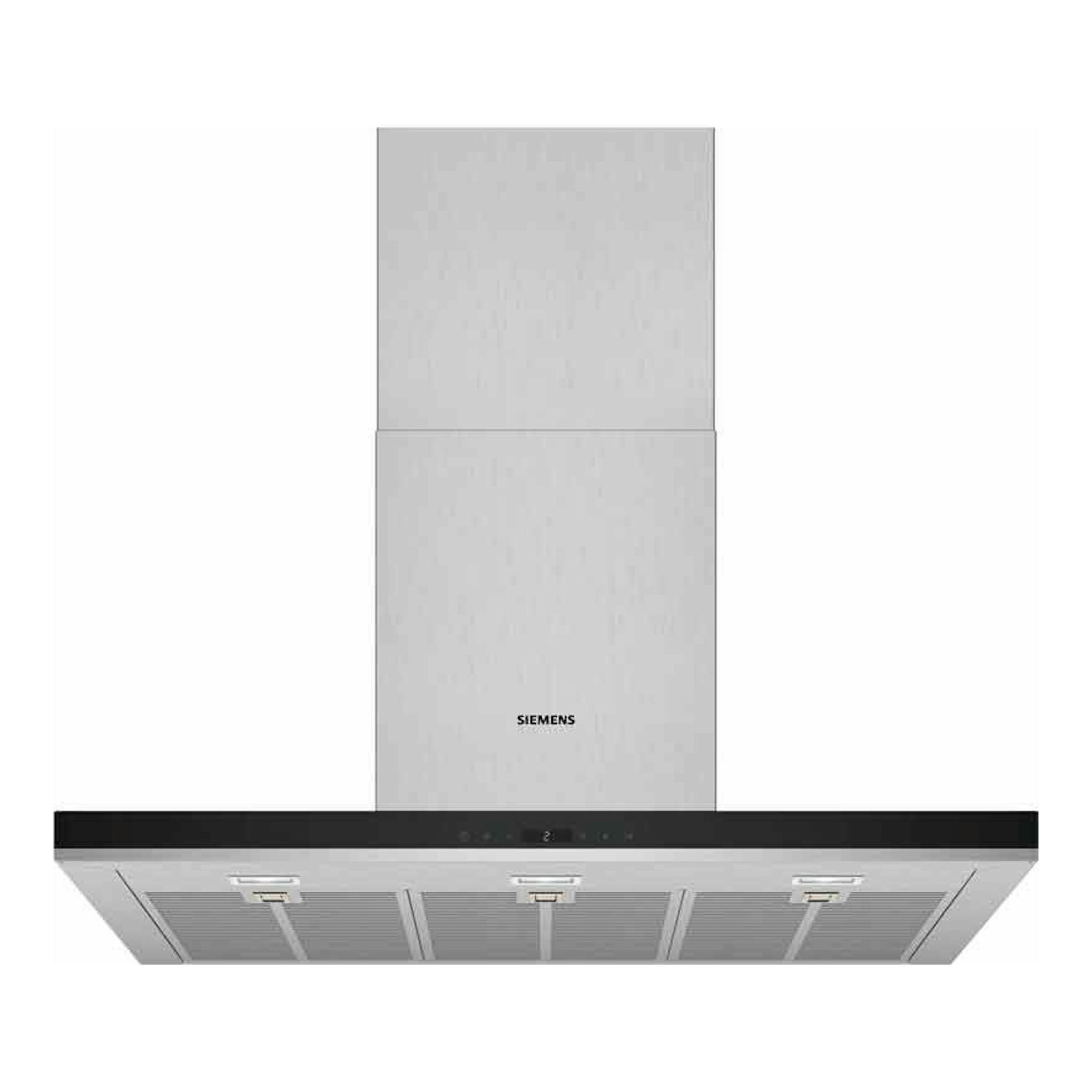 Campana decorativa Siemens LC98BIP50 de acero inoxidable y negro, vista frontal.