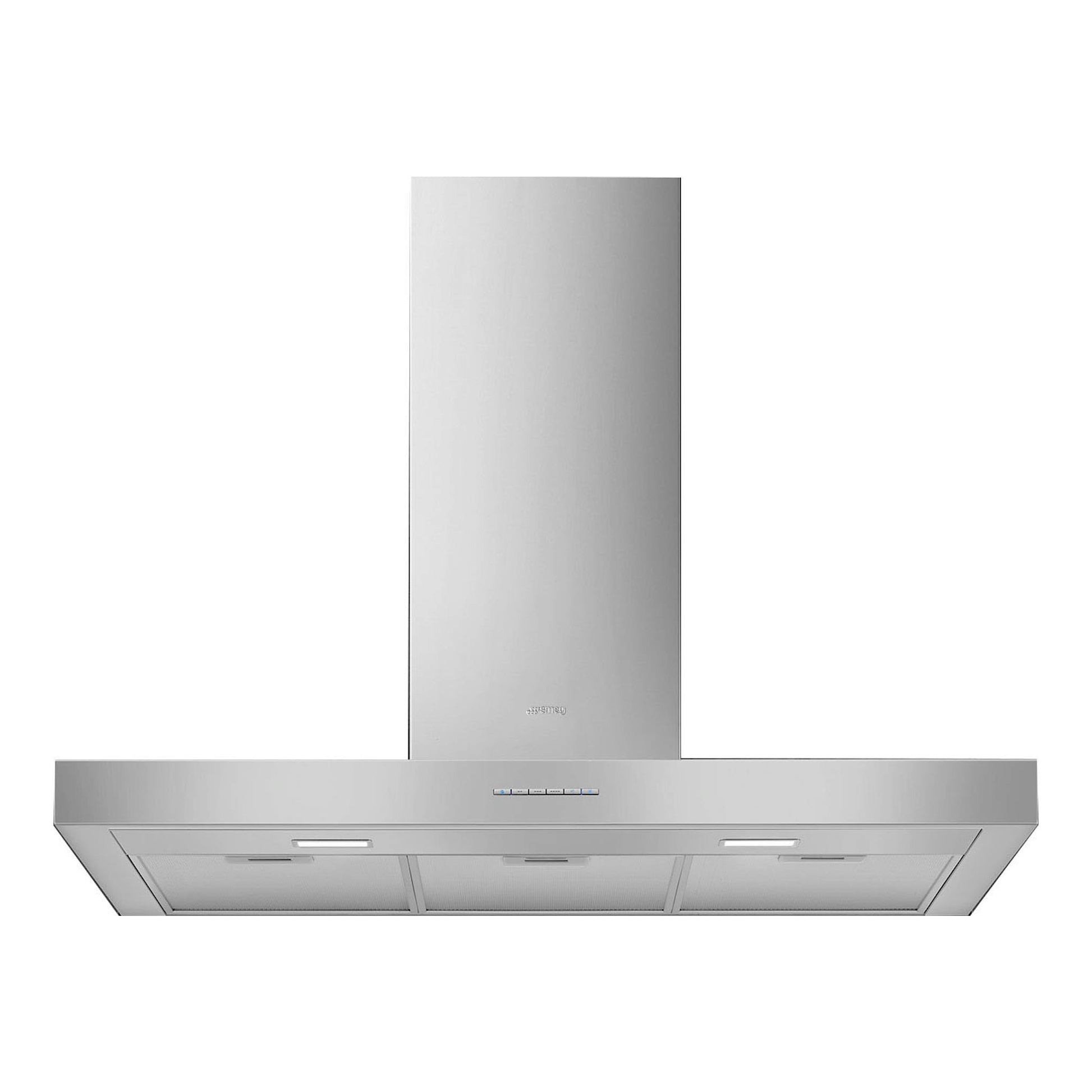 Campana extractora Smeg KBT900XE de inox, vista frontal, con panel vertical y base ancha.