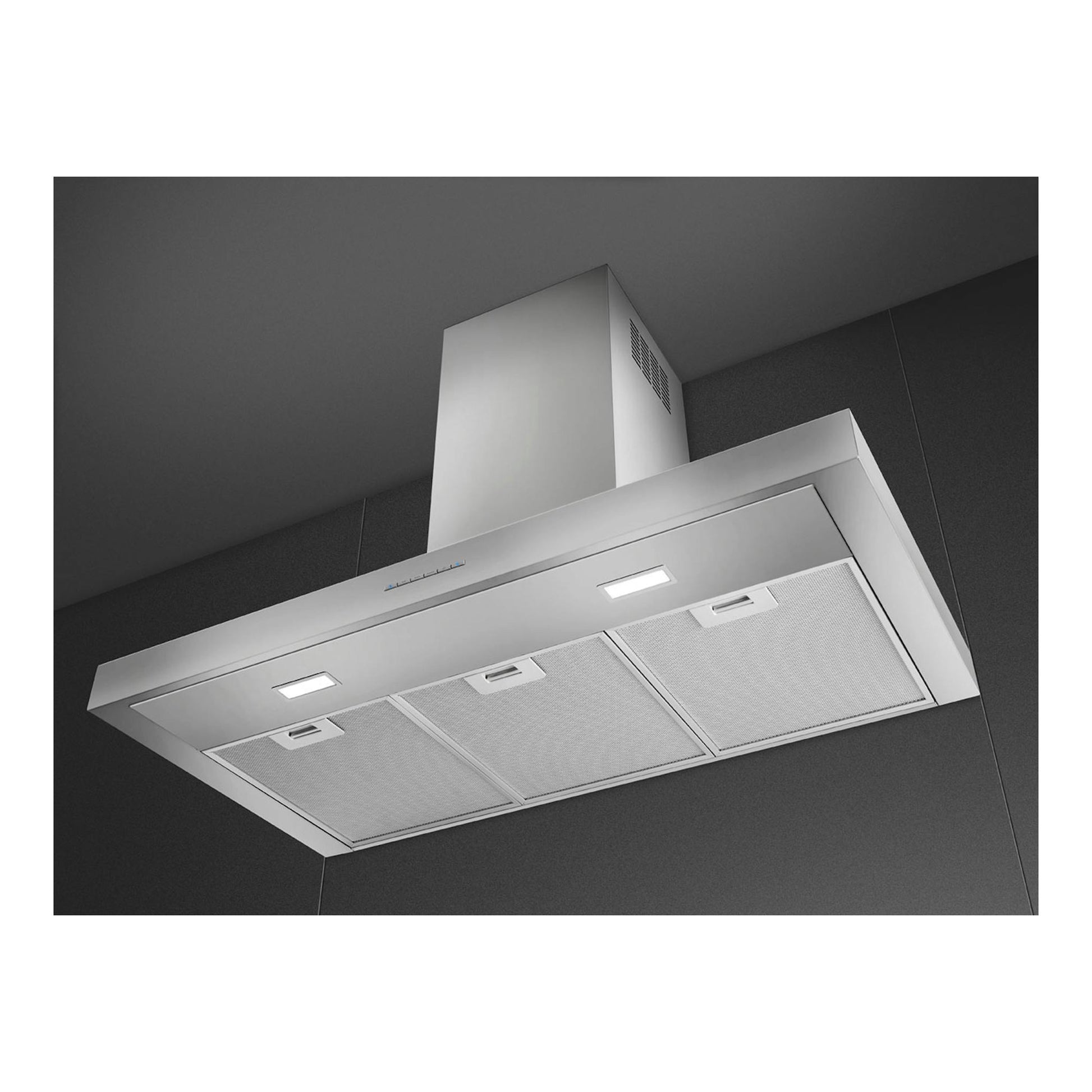 Campana extractora Smeg KBT900XE de acero inoxidable, vista inferior y frontal.