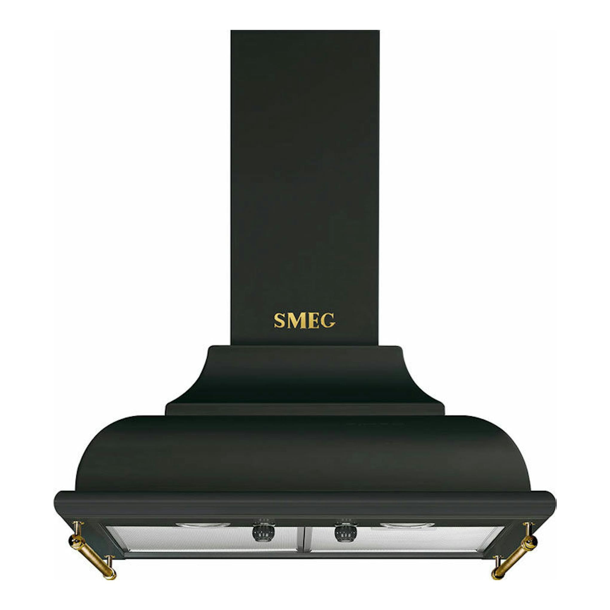 Campana decorativa Smeg KC16AOE antracita, vista frontal, con chimenea alta y detalles dorados.