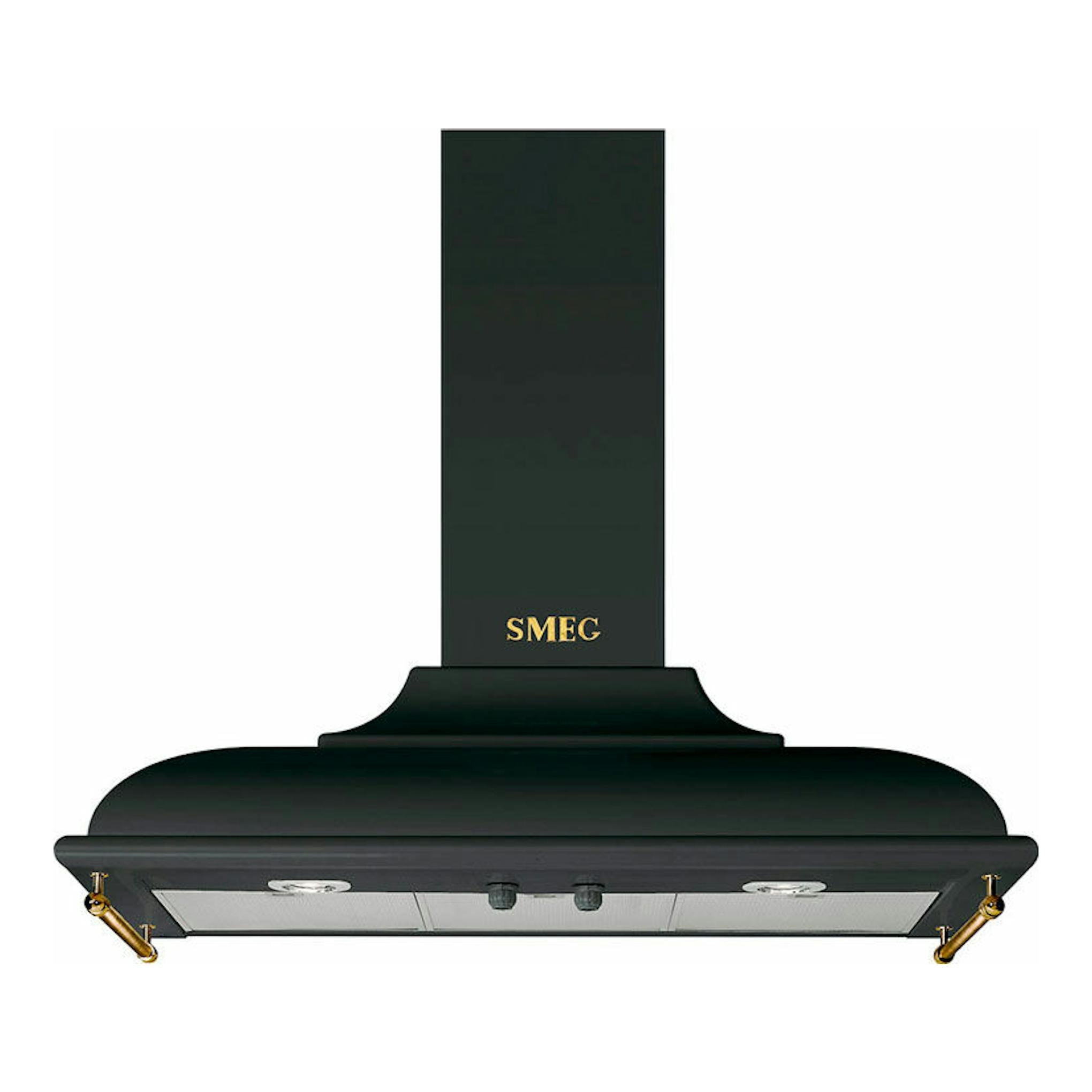 Campana decorativa Smeg KC19AOE antracita, vista frontal, con chimenea vertical y acabado negro.